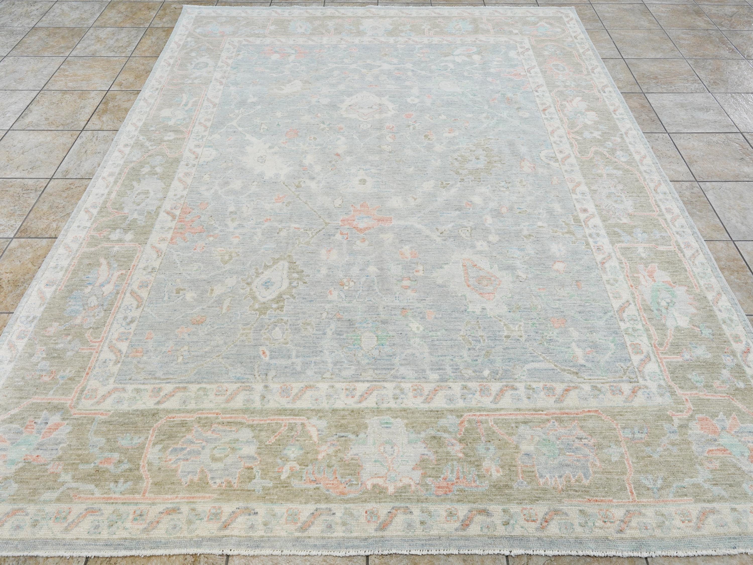 8x10 Ft Light Blue Oushak Rug - Hand Knotted Oriental Rug - Floral Design