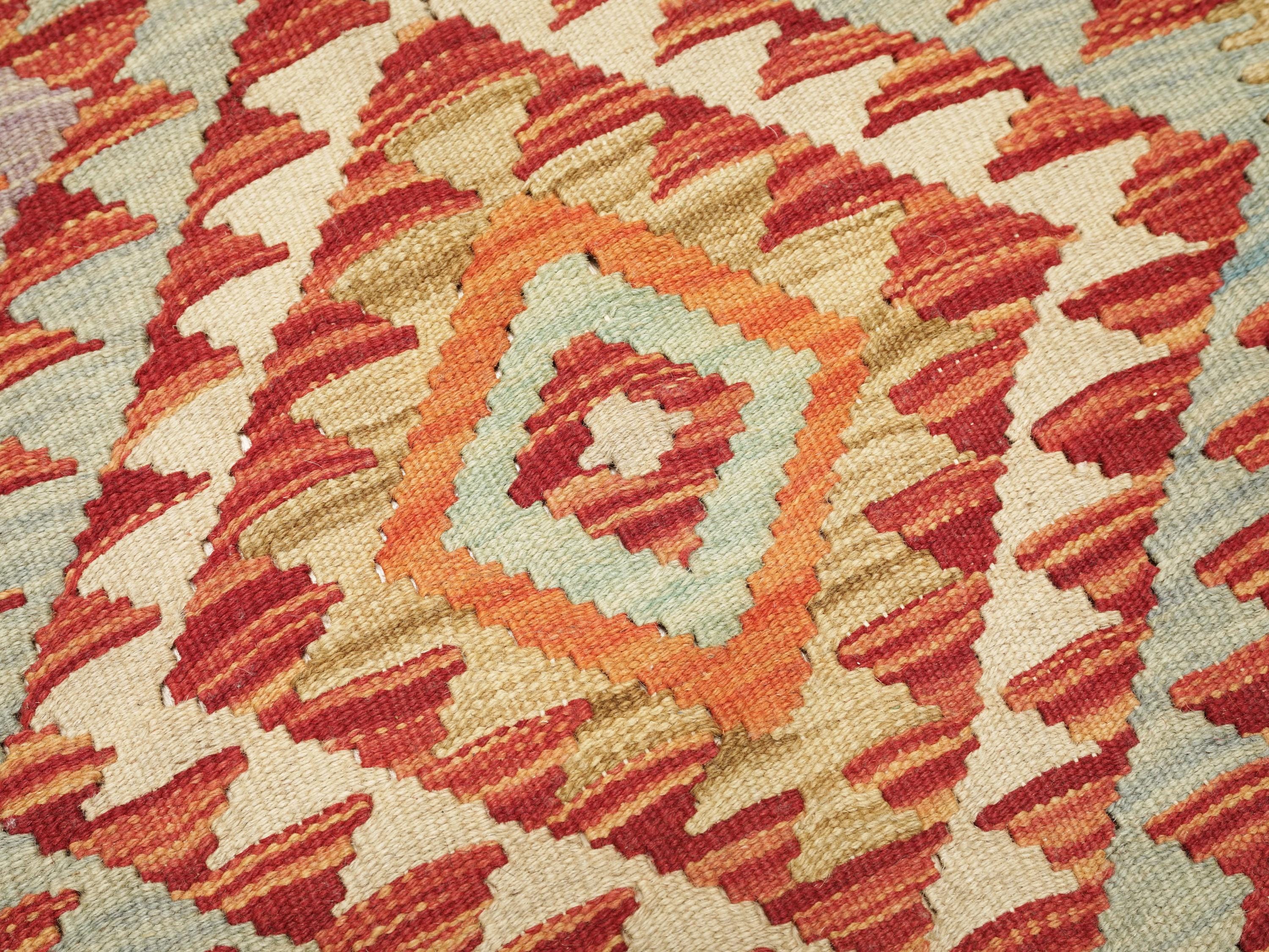 6 Ft Kilim Runner Rug - Green & Red Flatweave
