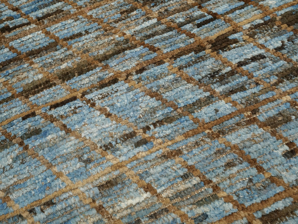 10 Ft Brown & Blue Moroccan Wool Runner Rug: Afghan Handmade Rug
