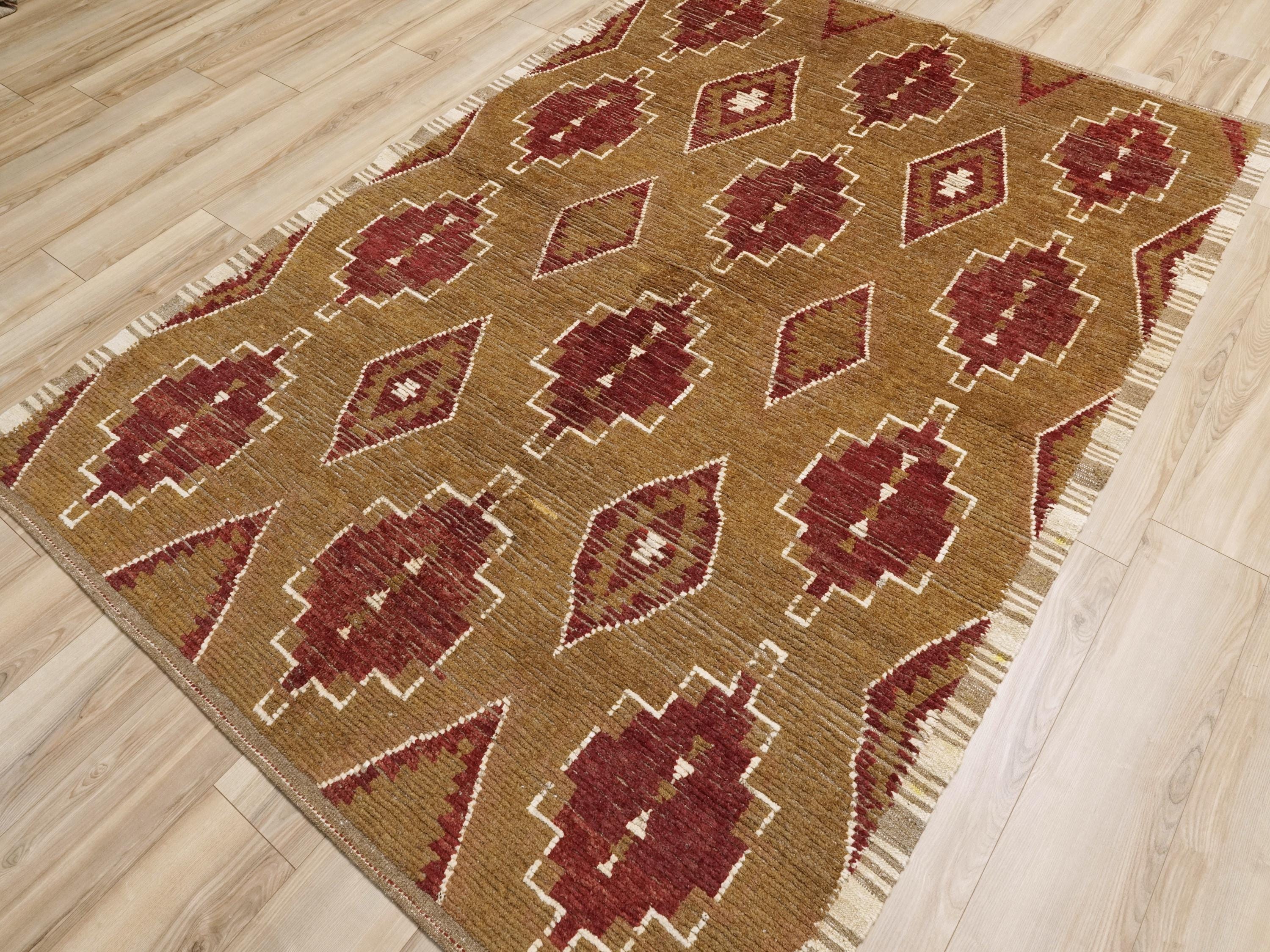 6x9 Ft Brown & Red Moroccan Rug - Handmade Afghan Rug - Tribal Design