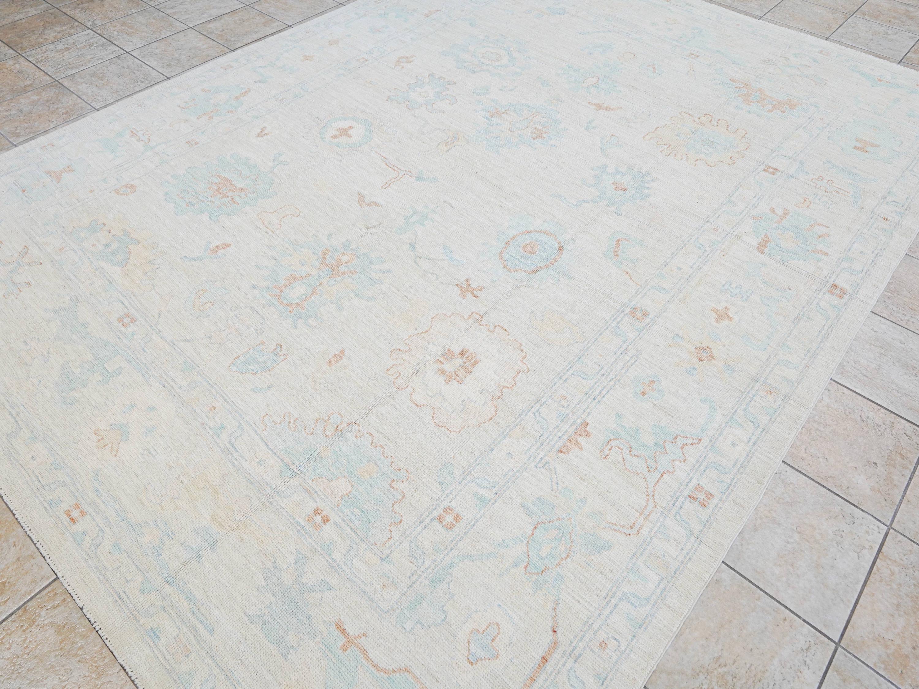 9x12 Ft Pastel Oushak Rug - Blue Handmade Area Rug - Floral Design