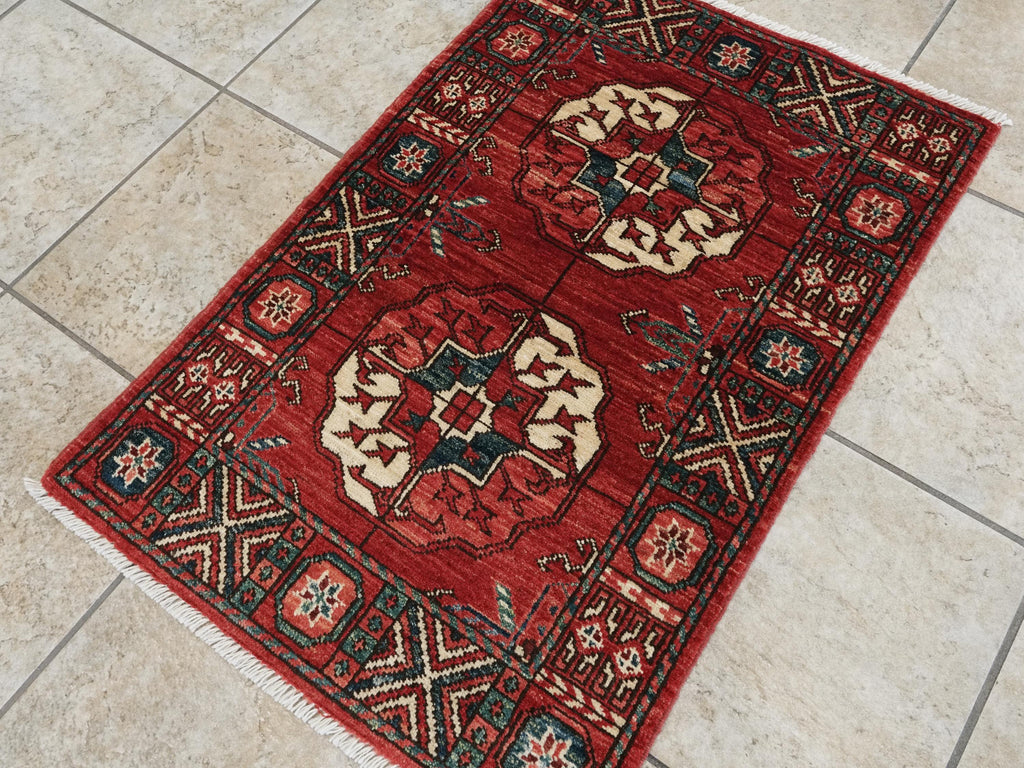 2x3 Ft Red Ersari Rug - Hand-Knotted Turkmen Wool Accent Rug