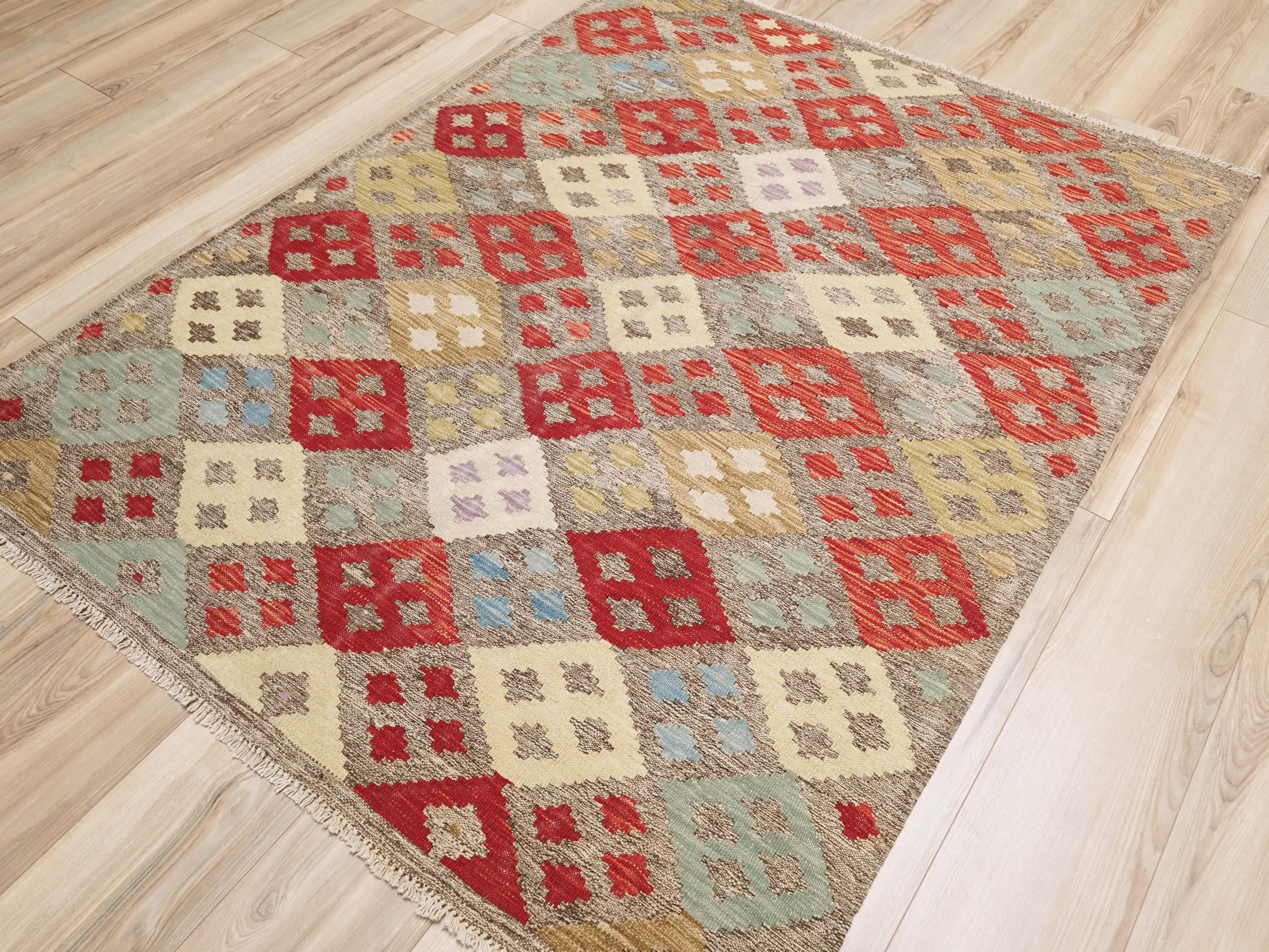 5x6 Ft Red Kilim Rug - Geometric Afghan Flat Weave