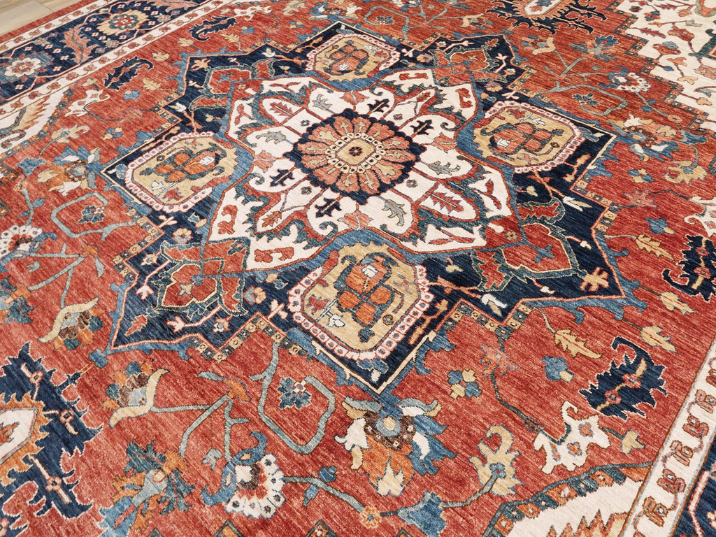 10x14 Ft Red & Blue Serapi Rug - Hand Knotted Afghan Oriental Rug - Floral Design