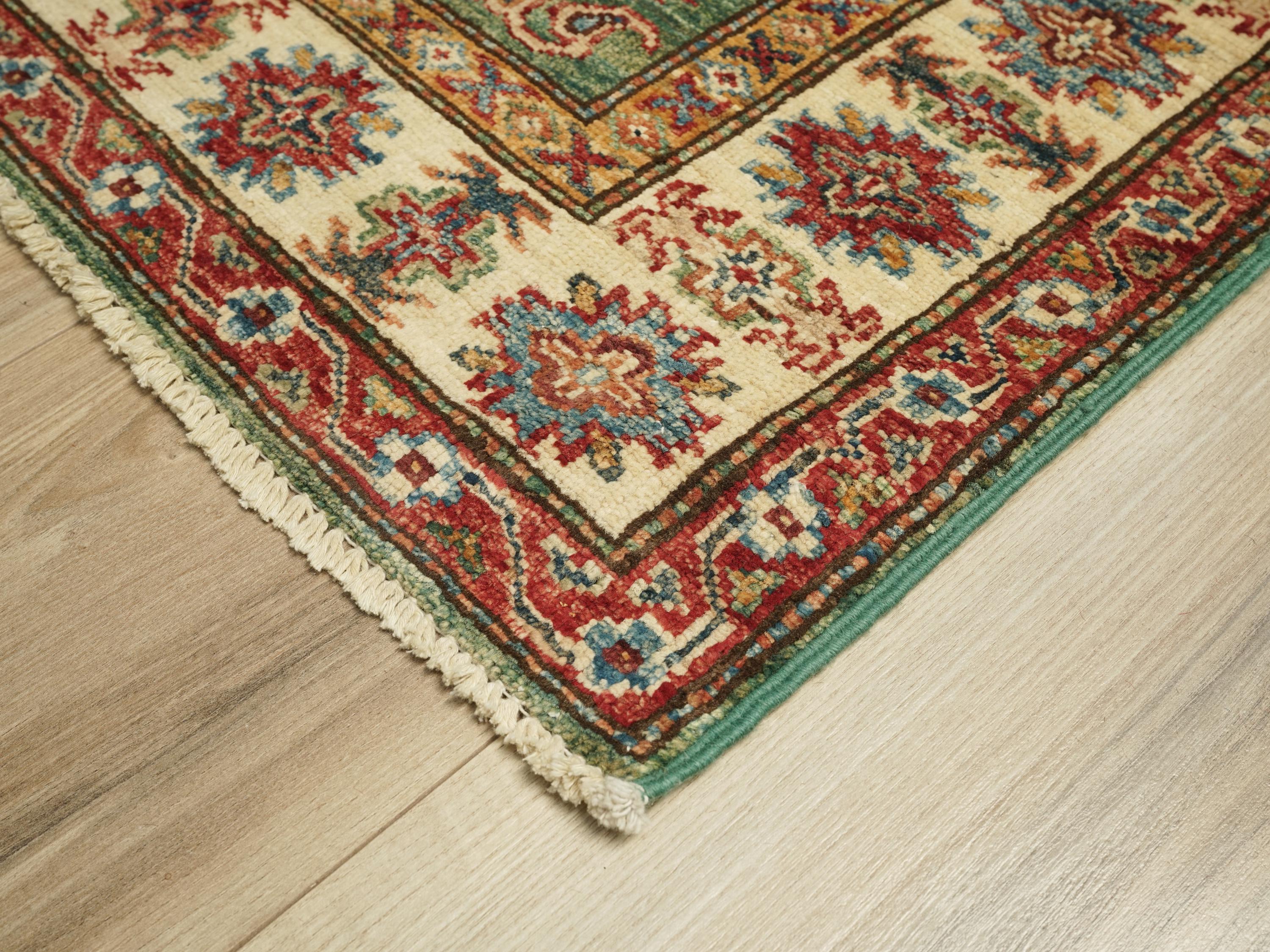 3x4 Ft Green Kazak Rug - Afghan Handmade Wool Rug
