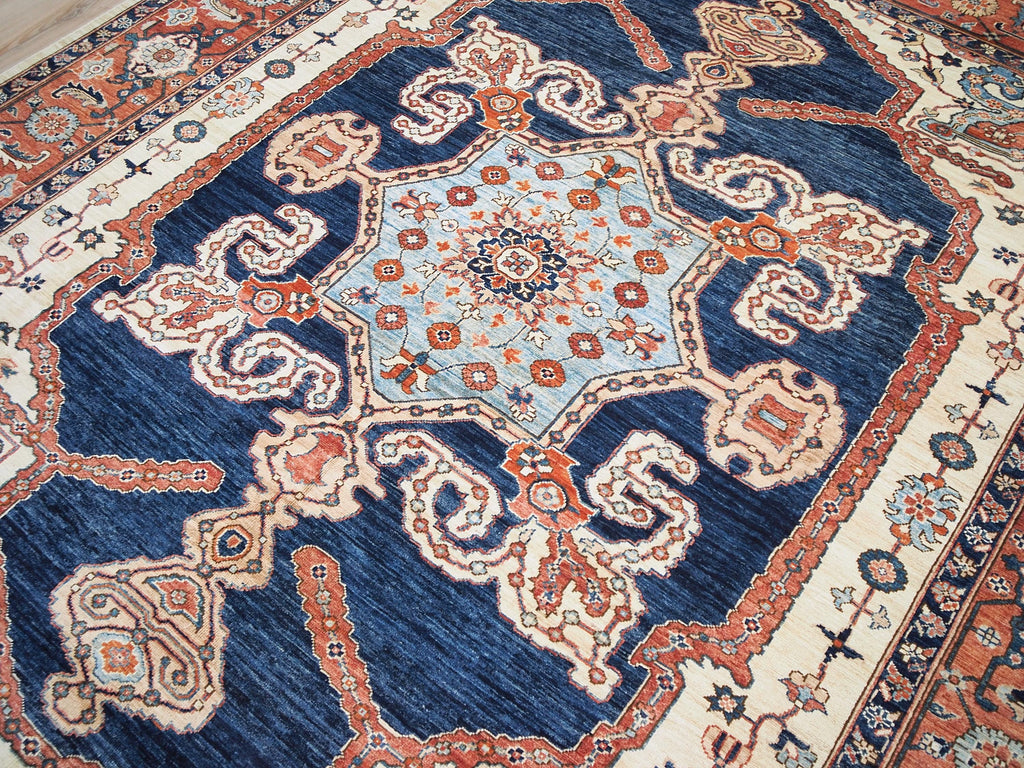 8x10 Ft Blue & Red Heriz Rug: Hand -Knotted Oriental Wool Rug