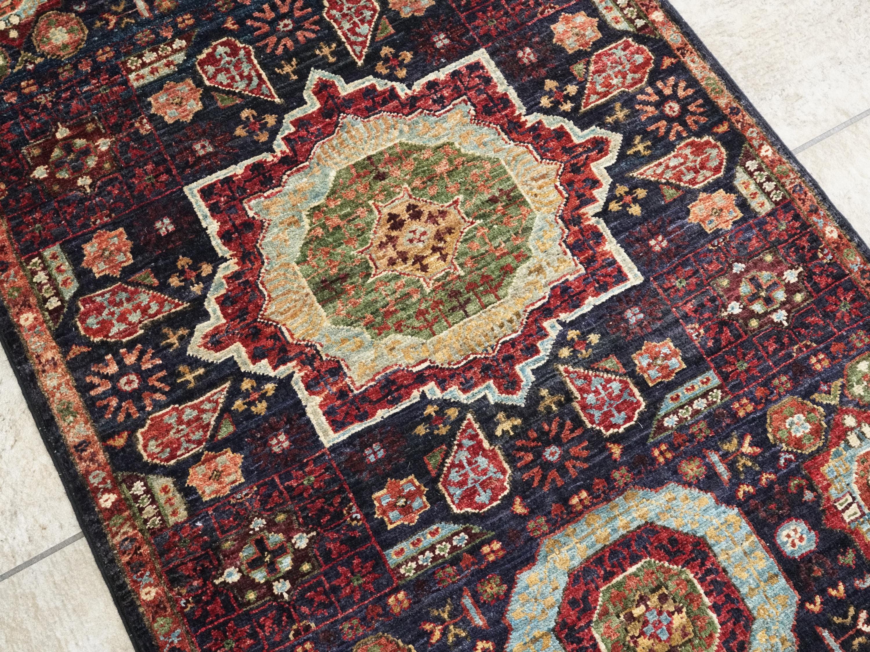3x4 Ft Black Mamluk Afghan Rug - Handmade Wool Oriental Rug