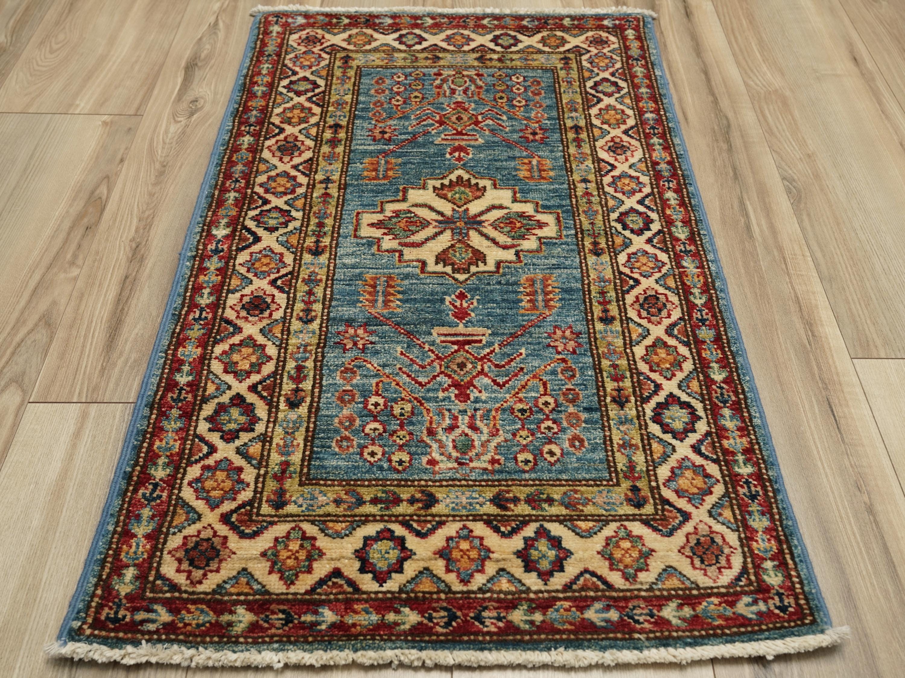 2x3 Ft Light Blue Kazak Rug - Afghan Wool Accent Rug