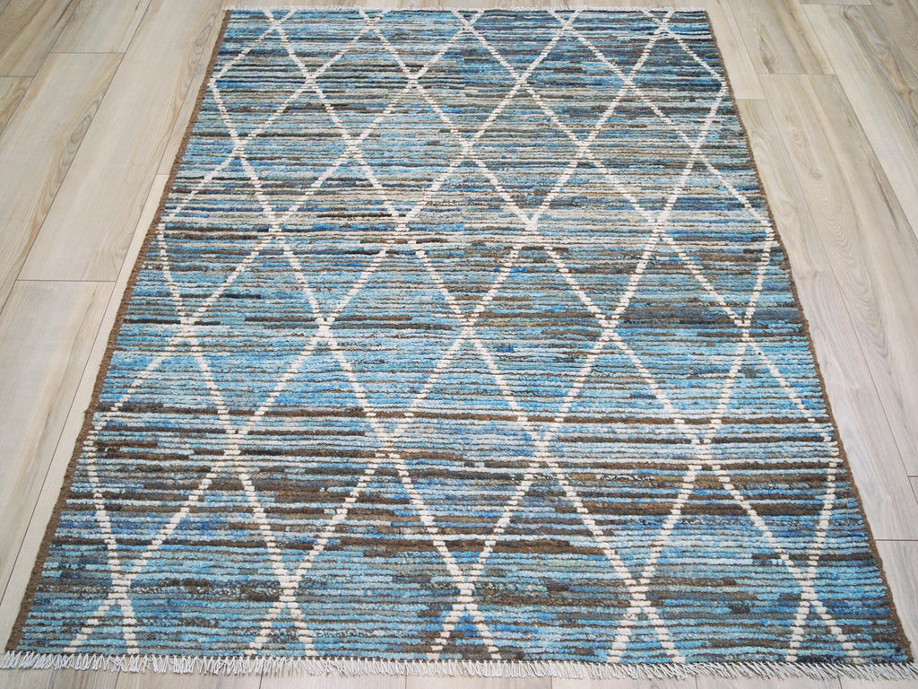 4x6 Ft Hand Knotted Blue Moroccan Rug - Small Wool Rug
