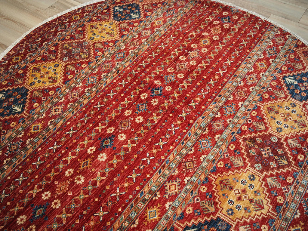 6x6 Ft Red Khorjin Rug - Hand Knotted Round Oriental Rug