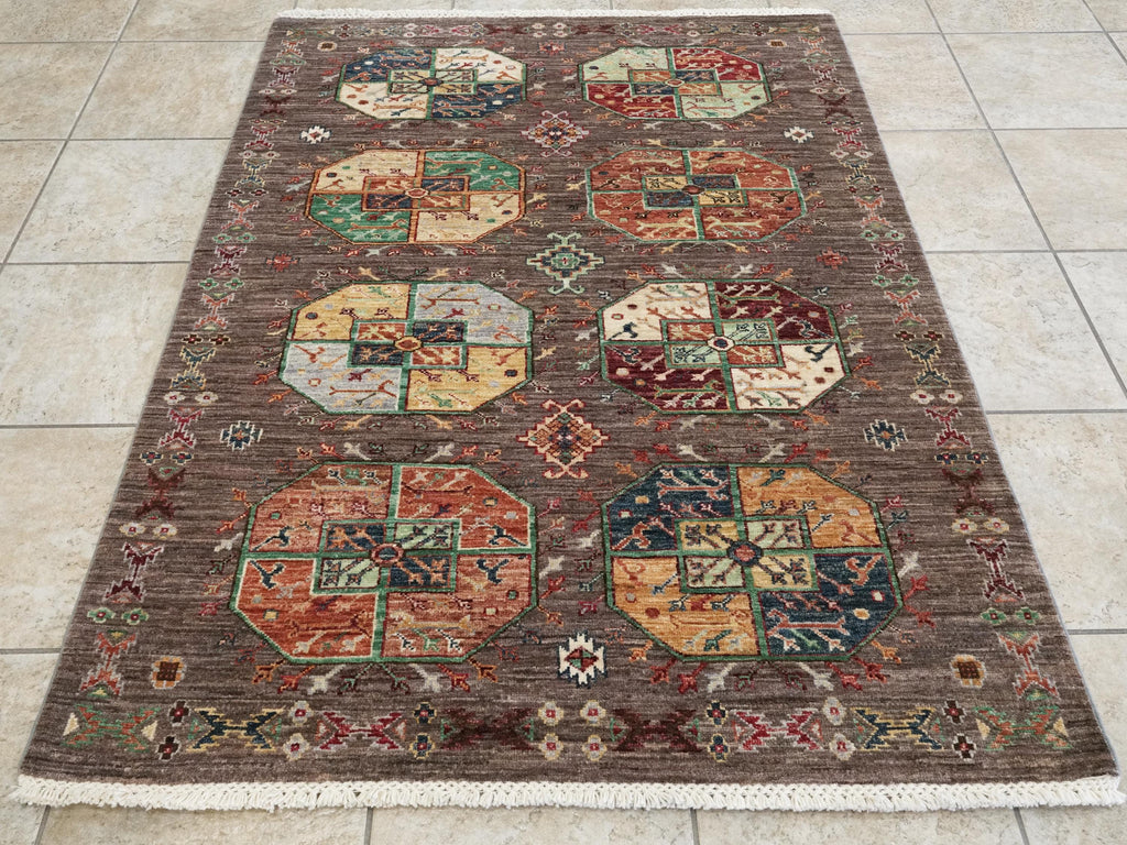 4x5 Ft Brown Ersari Rug - Hand Knotted Oriental Rug - Turkmen Design