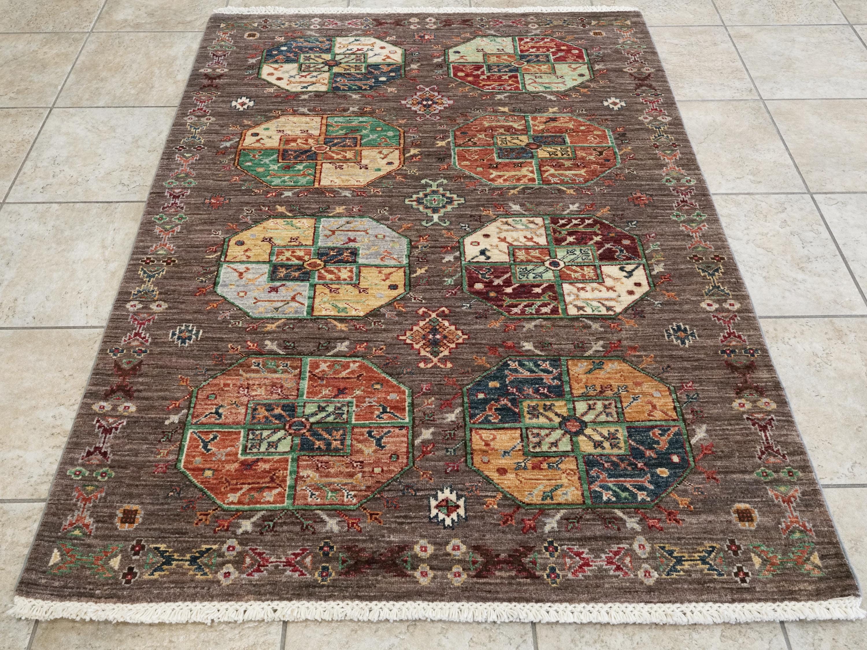 4x5 Ft Brown Ersari Rug - Hand Knotted Oriental Rug - Turkmen Design