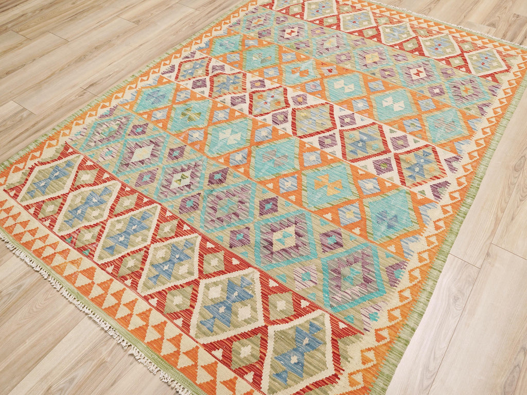 6x8 Ft Orange Kilim Rug - Traditional Flatweave