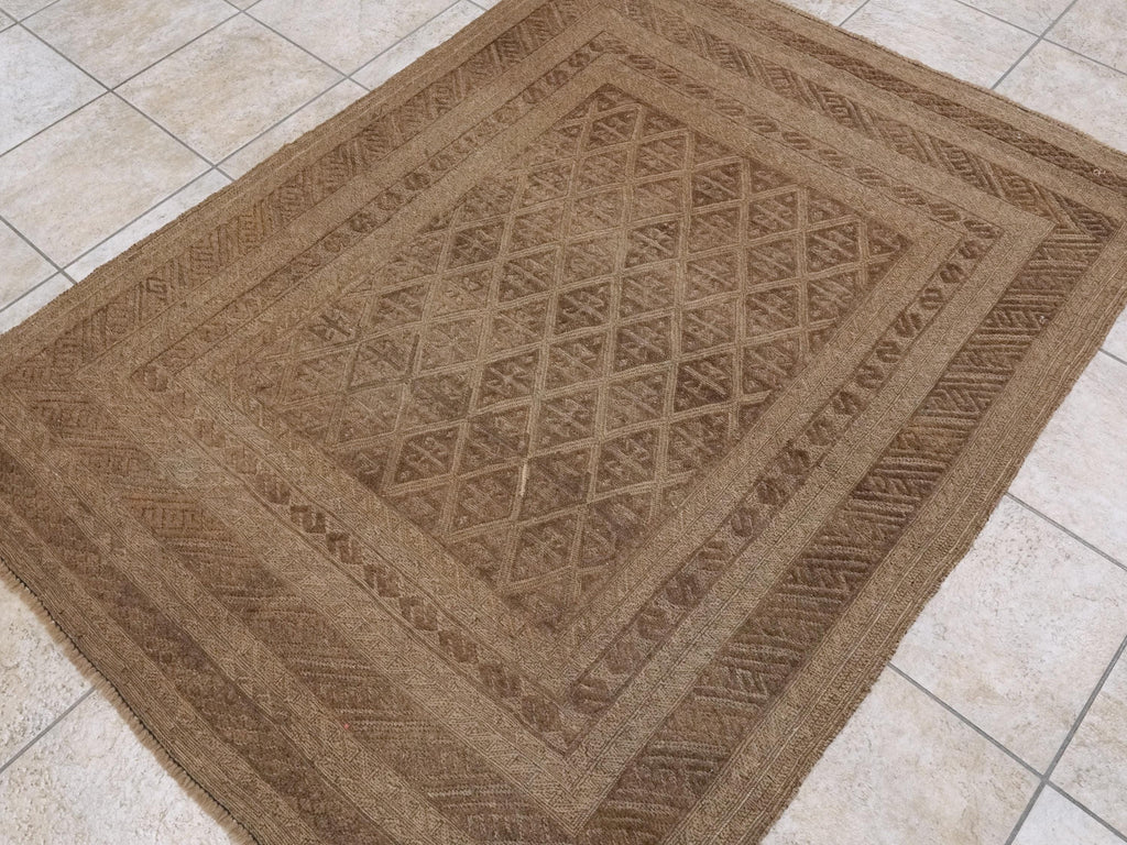 5x6 Ft Vintage Tribal Kilim Rug - Hand Knotted Wool - Dark Brown