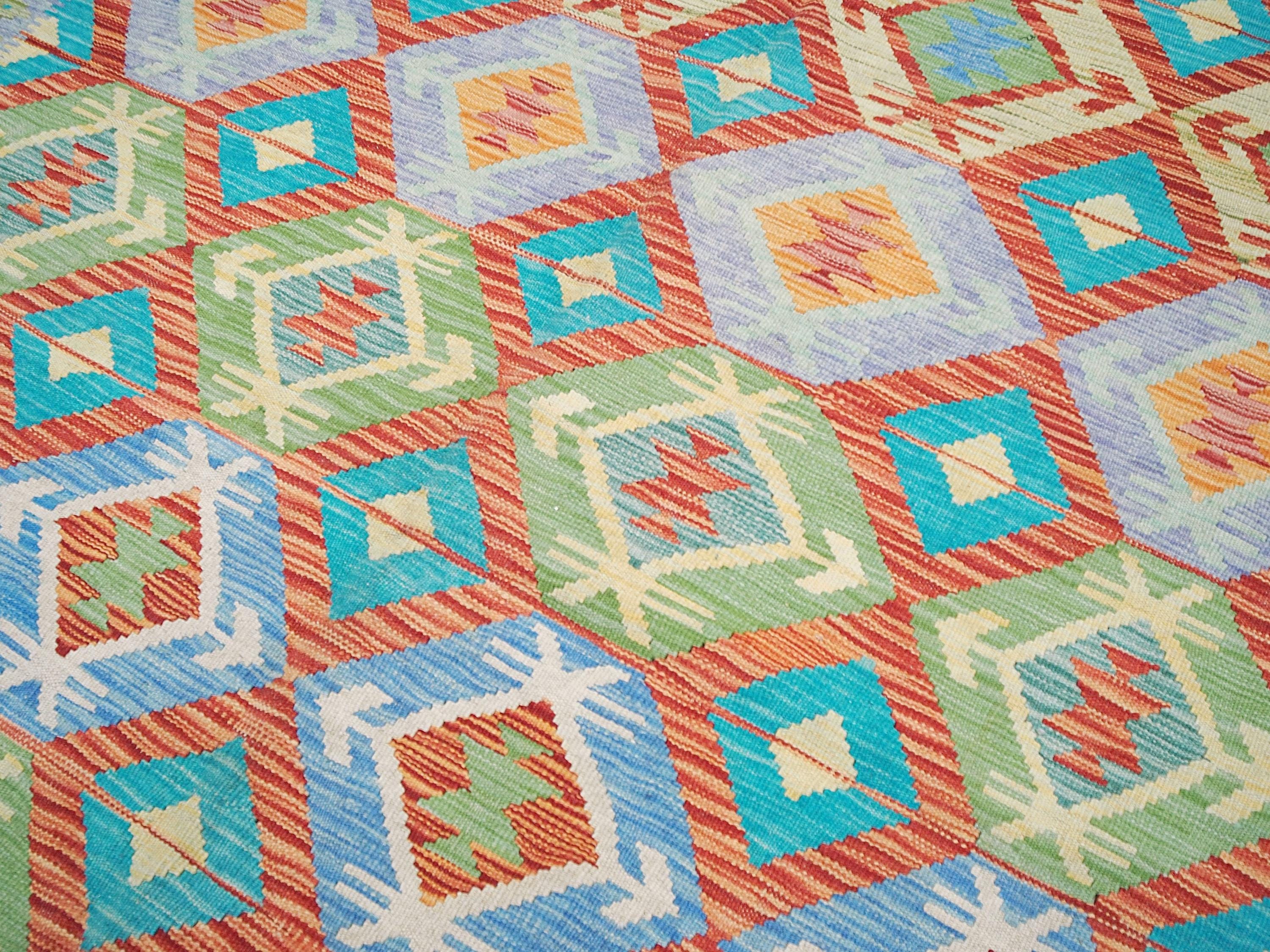 7x10 Ft Afghan Kilim Rug - Green & Orange Flat Weave - Tribal Design