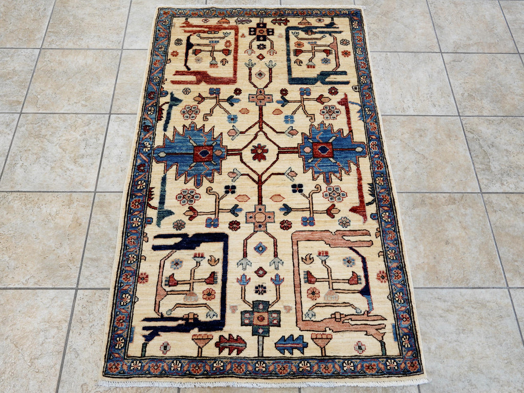3x5 Ft Beige & Blue Heriz Rug - Handmade Afghan Rug