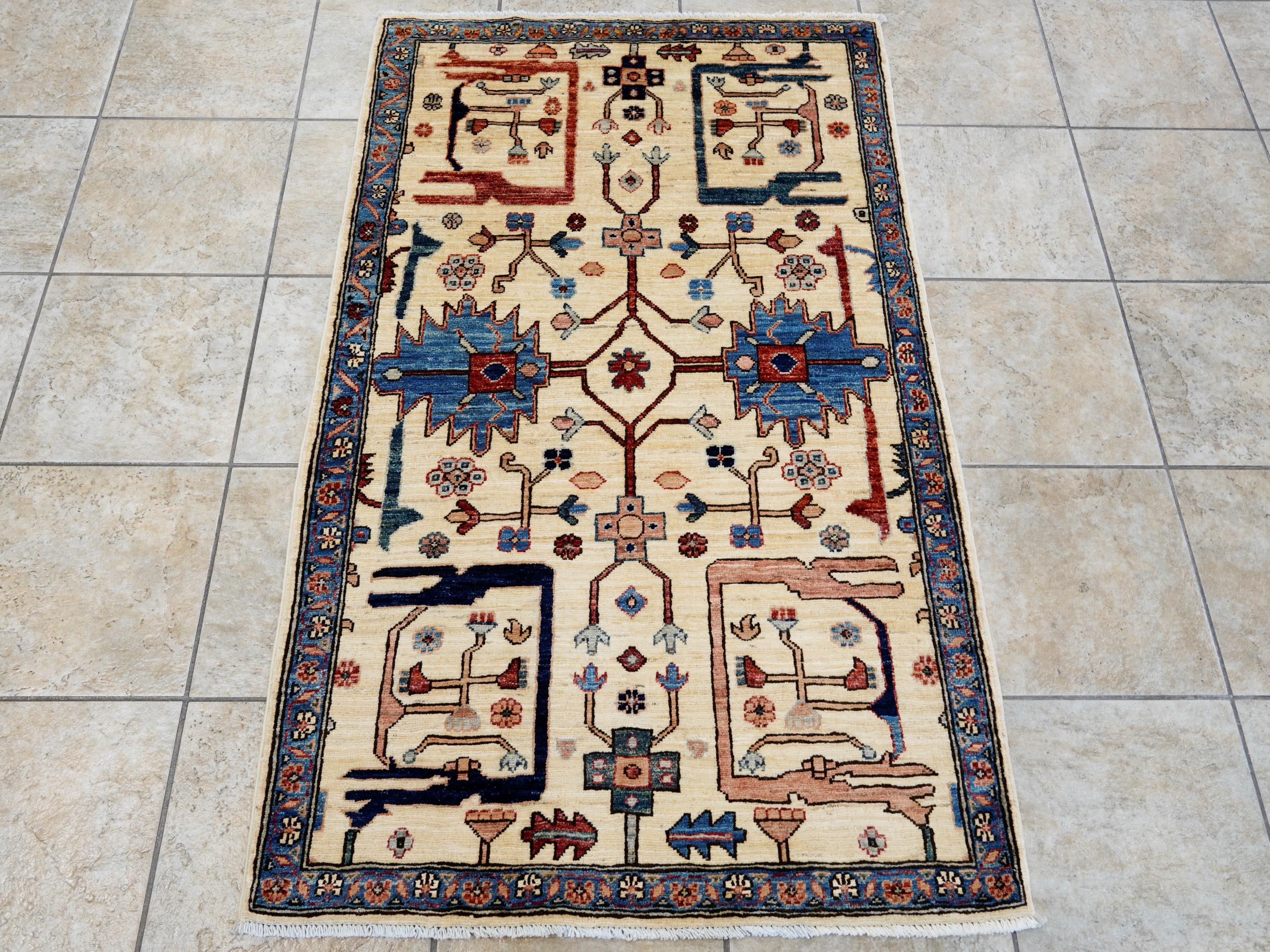 3x5 Ft Beige & Blue Heriz Rug - Handmade Afghan Rug