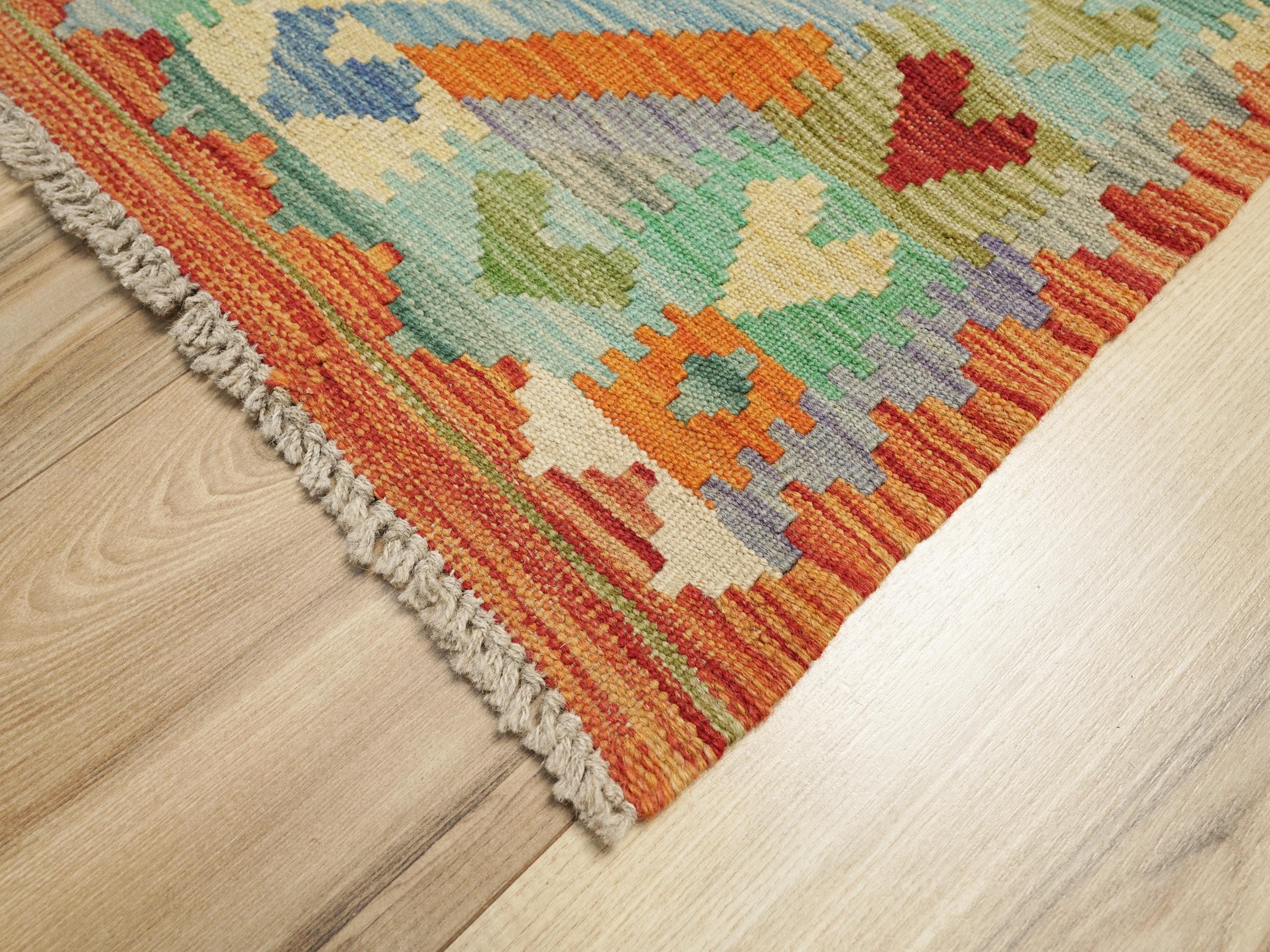 7 Ft Orange Green Kilim Rug  Flat Weave Afghan Runner