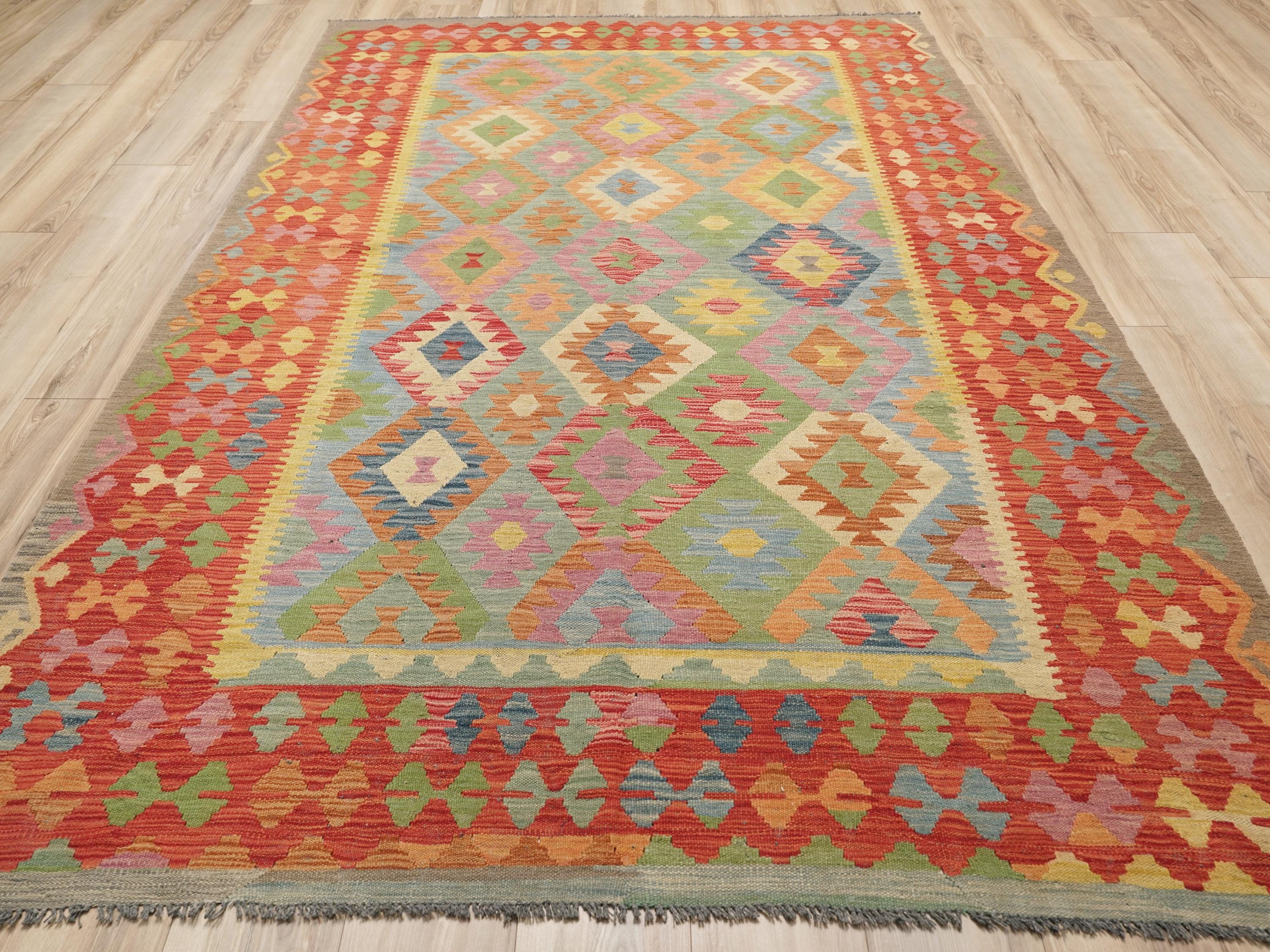 7x10 Ft Red Maimana Kilim Rug - Tribal Flat Weave