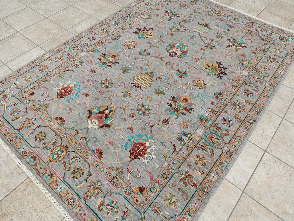 6x8 Ft Gray Wool Serapi Rug - Hand Knotted Floral Oriental Area Rug