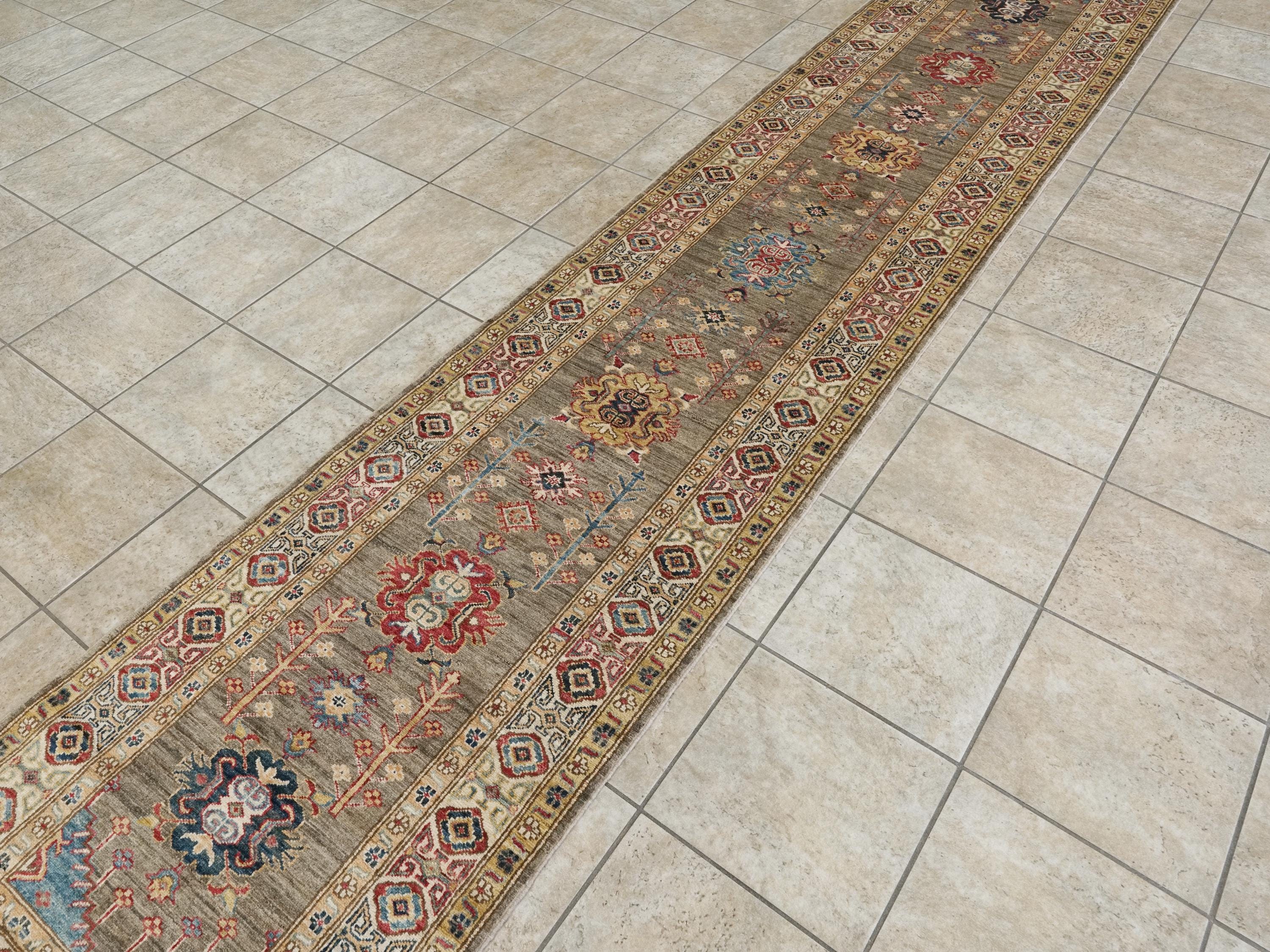13 Ft Brown Kazak Runner Rug - Hand Knotted Wool Hallway Rug