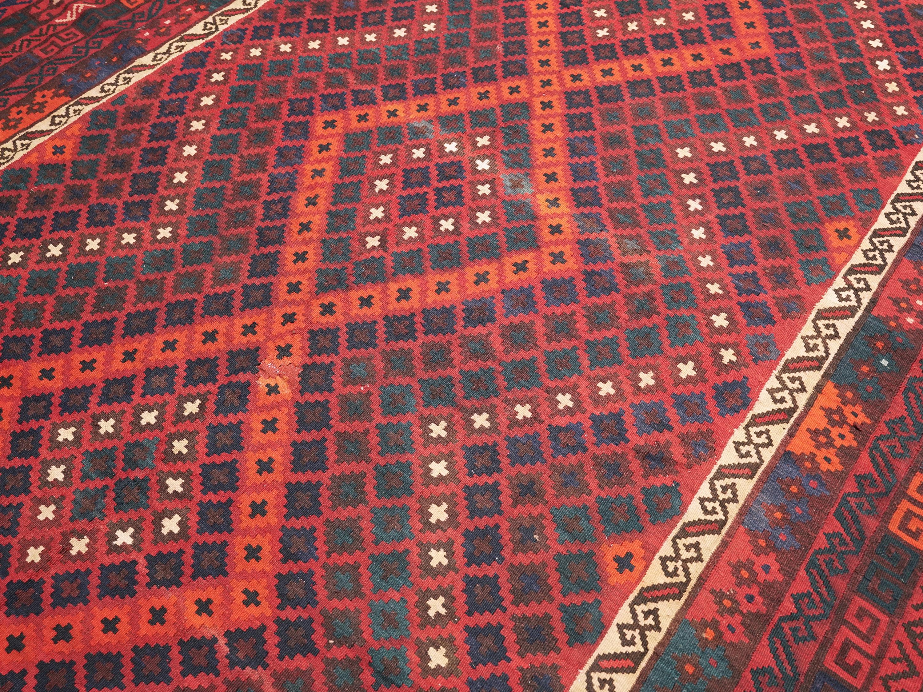 10x14 Ft Dark Red Maimana Kilim Rug - Vintage Afghan Flat Weave