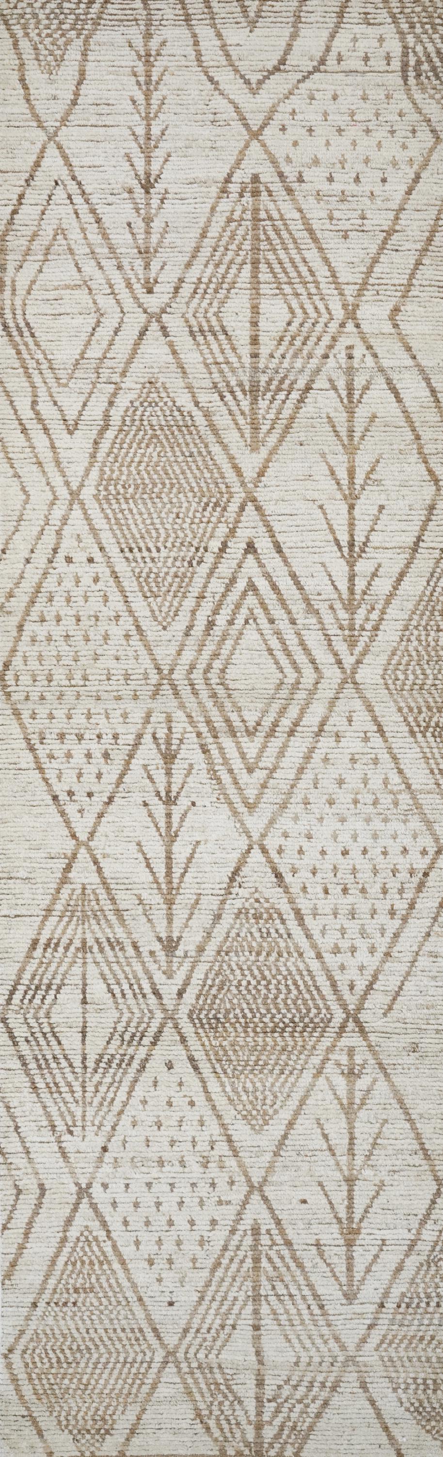 10 Ft Handmade Afghan Wool Runner Rug - Beige Moroccan Style