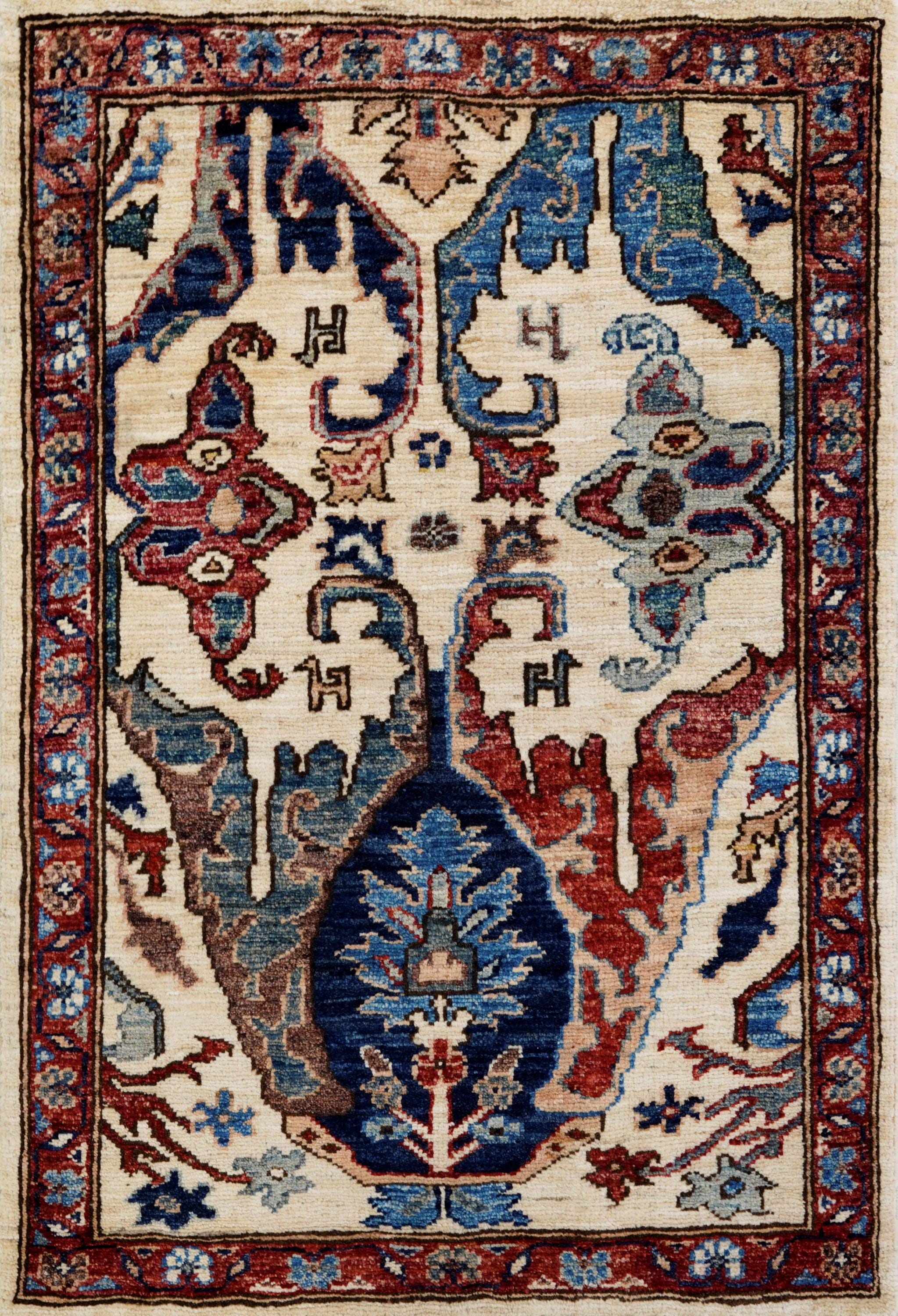 2x3 Ft Hand Knotted Beige Serapi Rug - Ghazni Wool Doormat