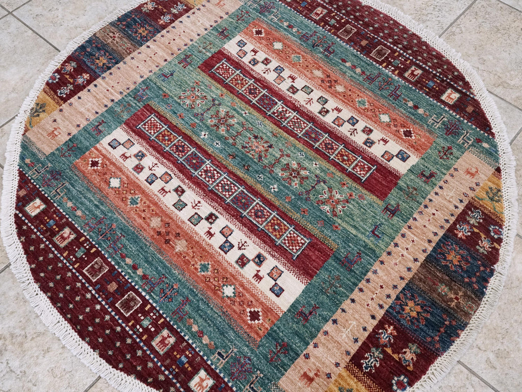4x4 Ft Colorful Khorjin Rug - Hand Knotted Round Rug - Tribal Design