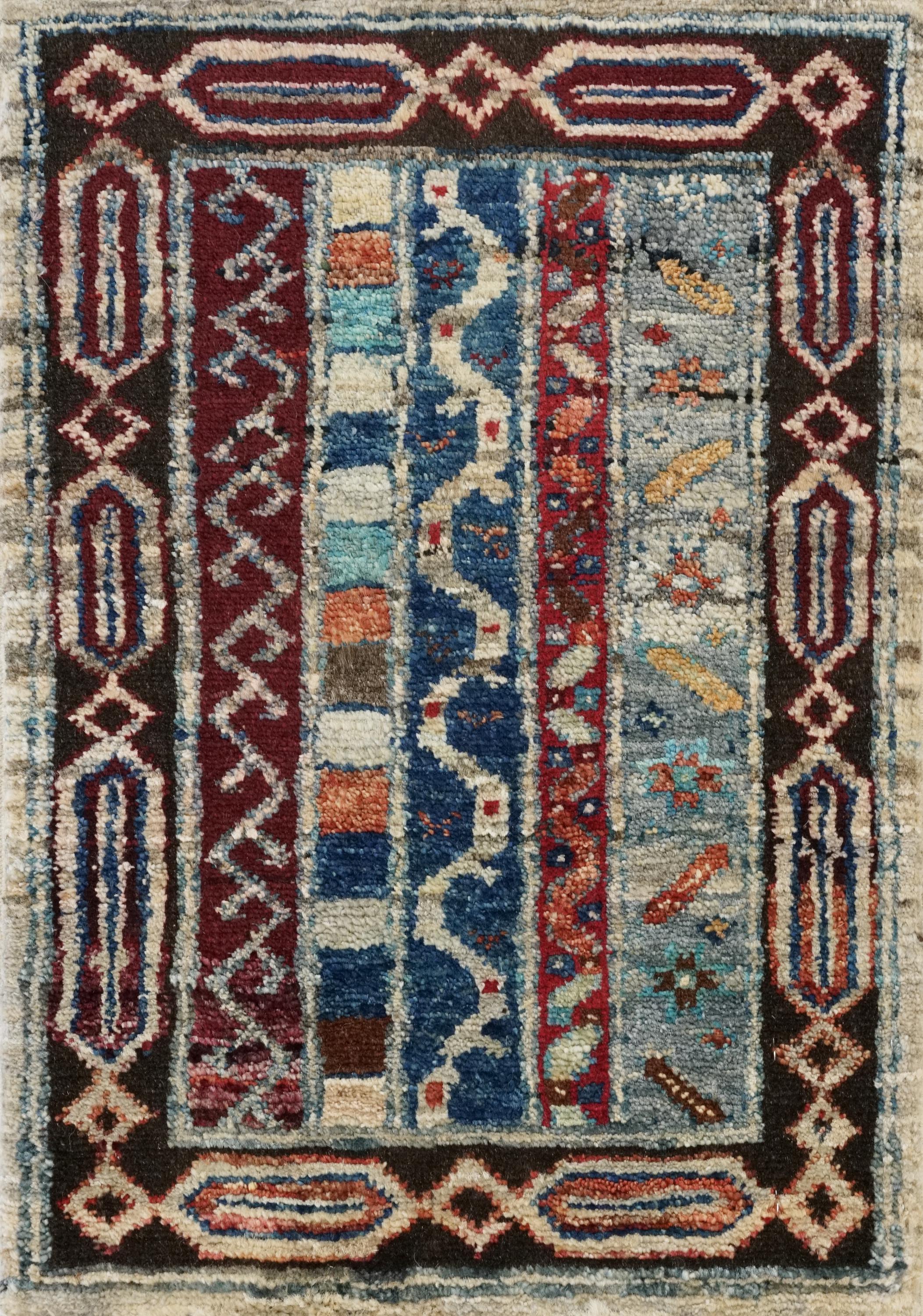 1x2 Ft Hand Knotted Heriz Rug - Beige & Blue Afghan Wool Doormat