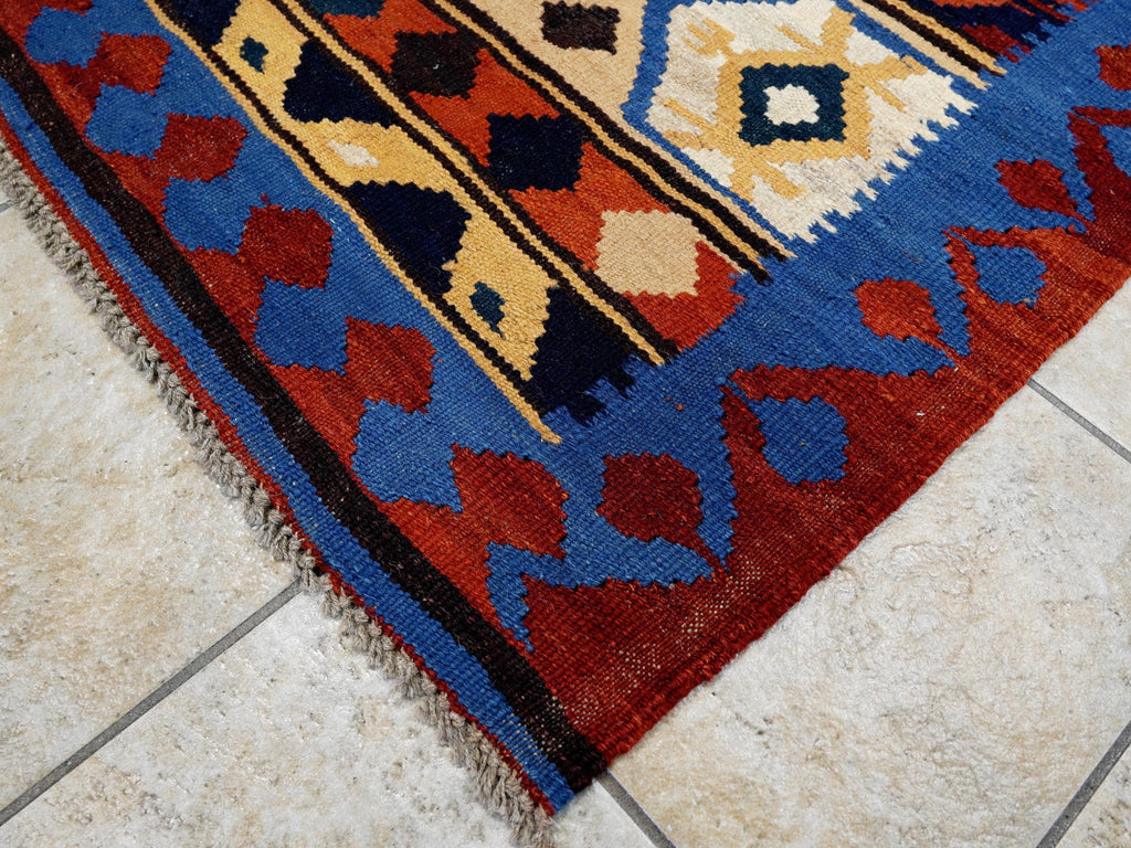 5x7 Ft Blue & Red Kilim Rug - Handwoven Afghan Flat Weave - Tribal Design