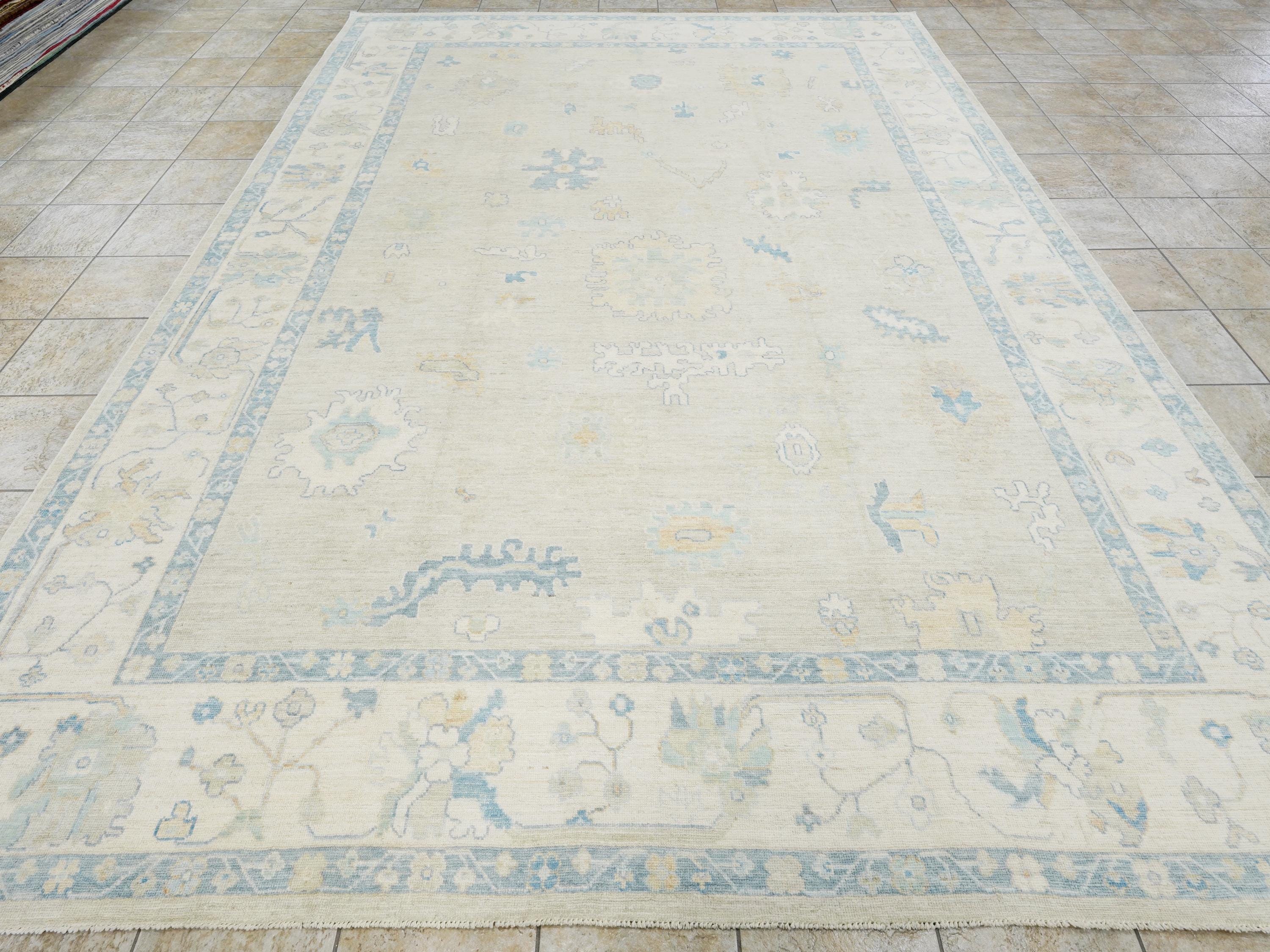 10x14 Ft Blue Oushak Rug - Hand Knotted Afghan Rug - Turkish Floral Design