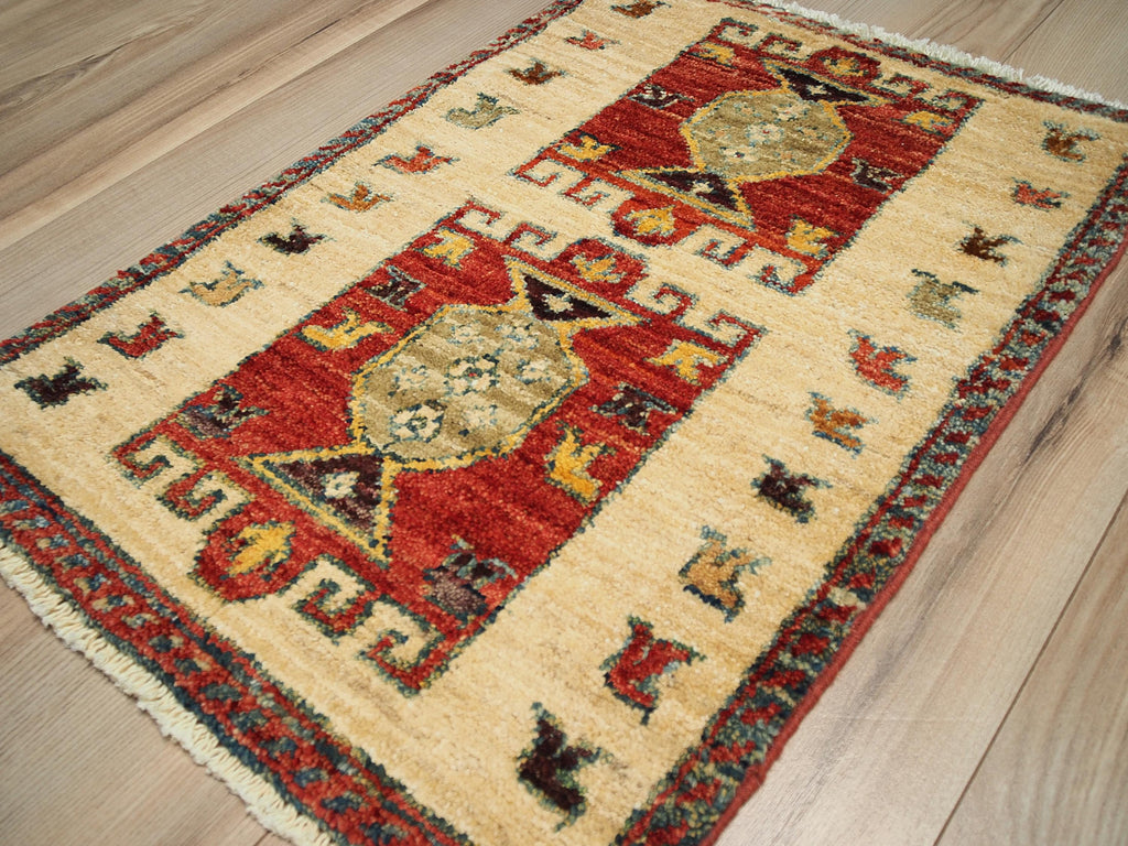 1x2 Ft Beige Heriz Rug - Afghan Wool Accent Rug
