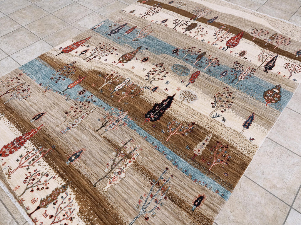 6x9 Ft Beige Landscape Rug - Hand Knotted Oriental Rug