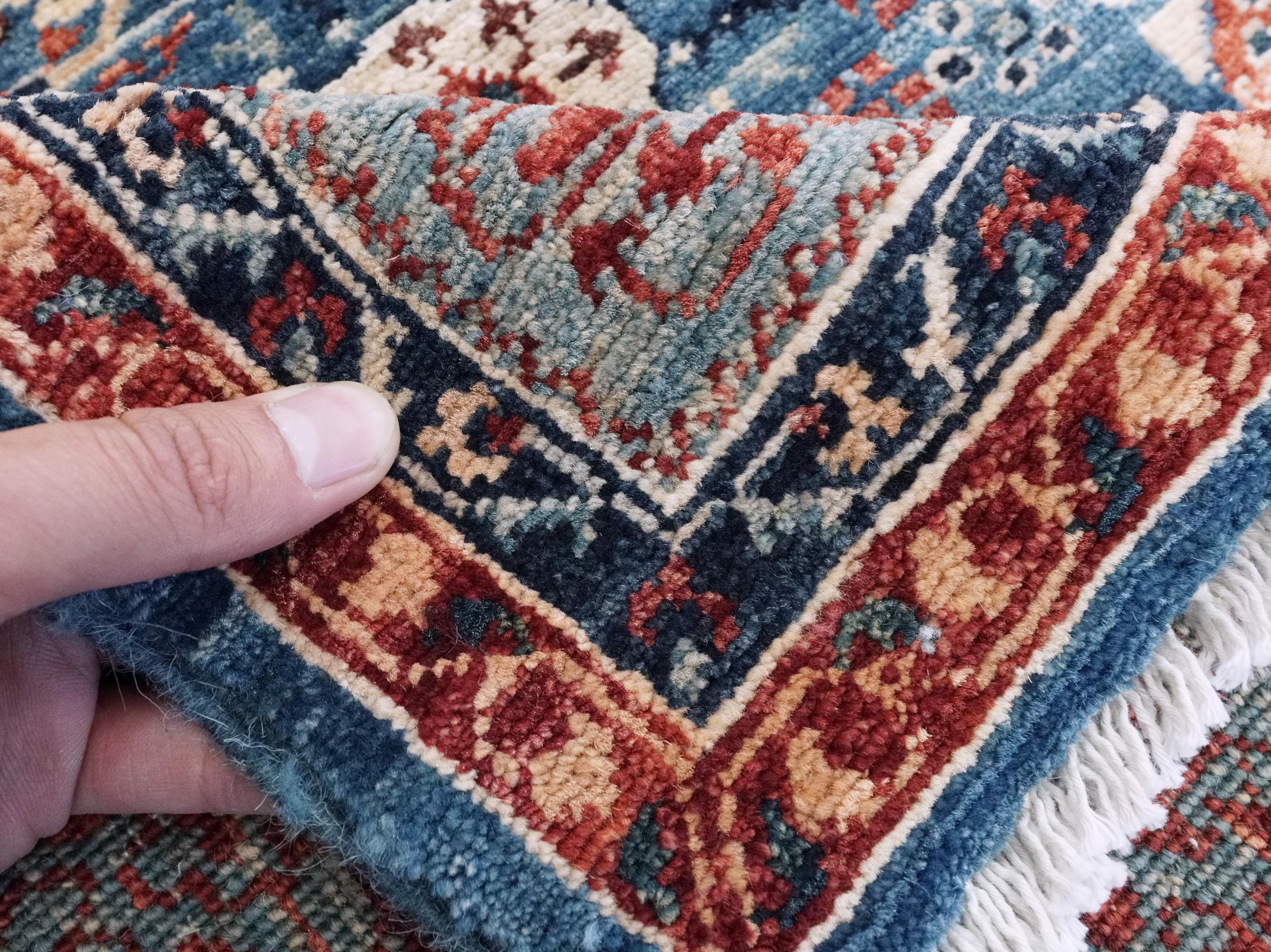 6x9 Ft Blue Mamluk Rug - Hand Knotted Afghan Wool Rug - Geometric Design