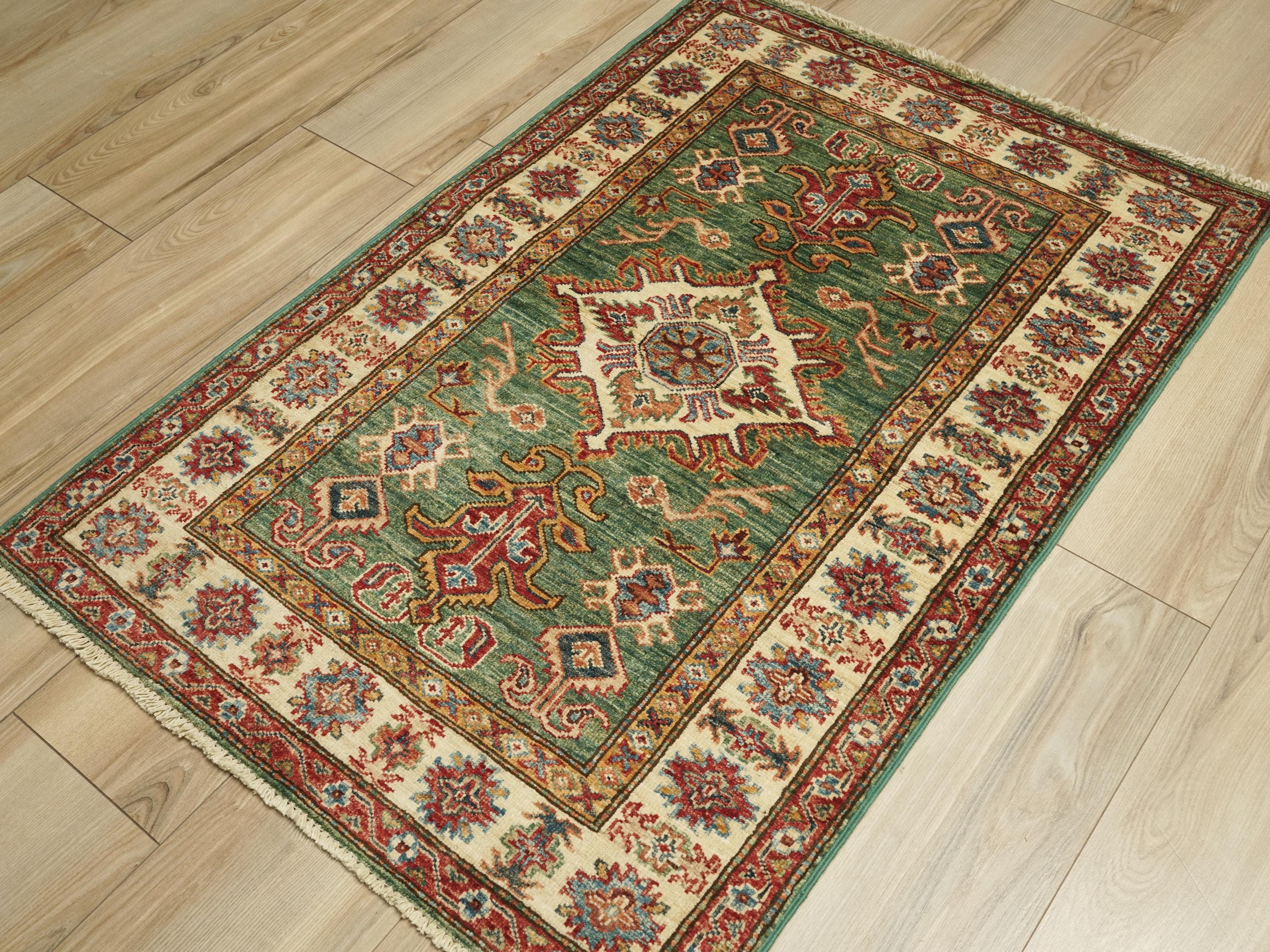 3x4 Ft Green Kazak Rug - Afghan Wool Handmade Area Rug