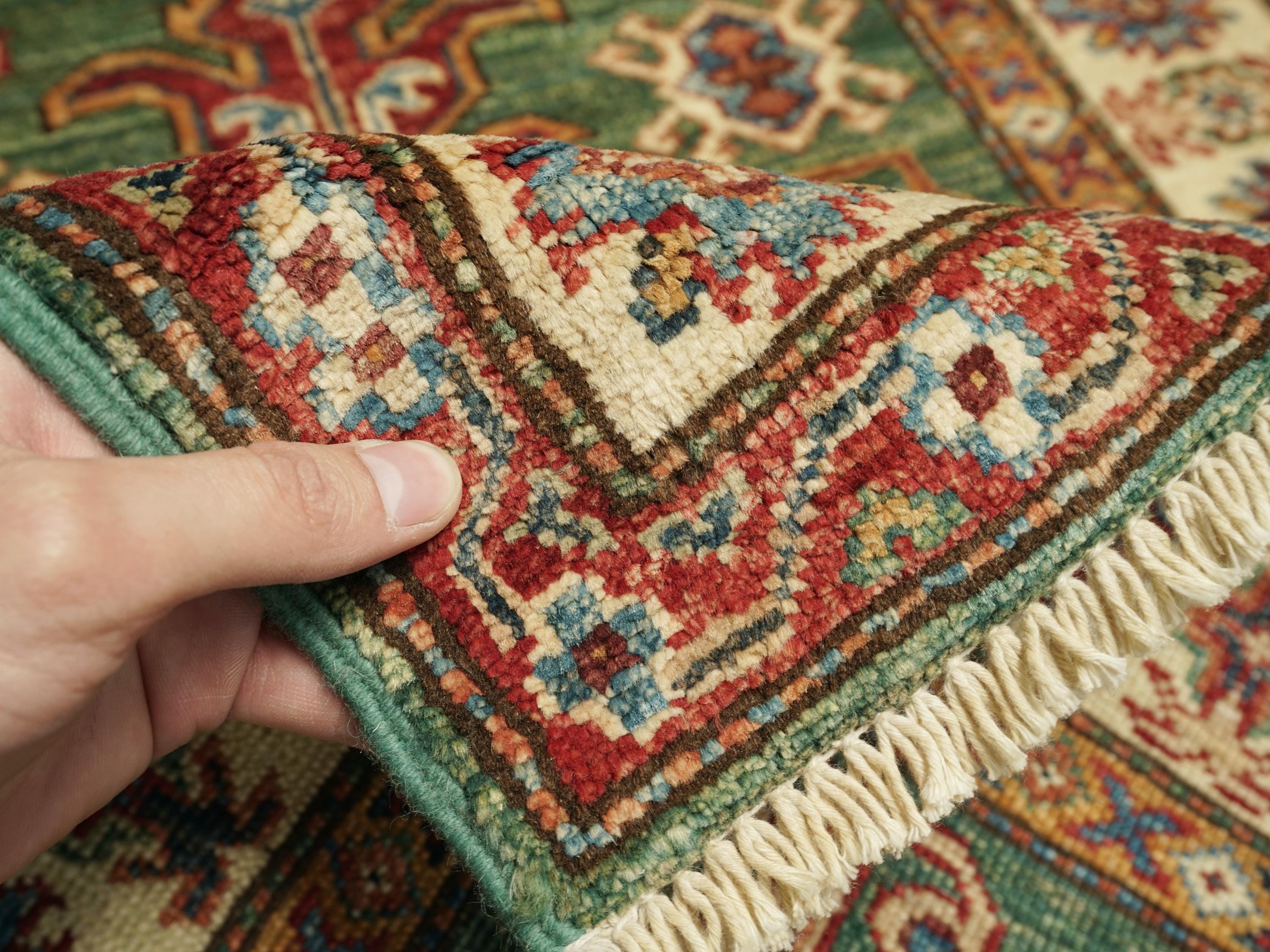 3x4 Ft Green Kazak Rug - Afghan Handmade Wool Rug