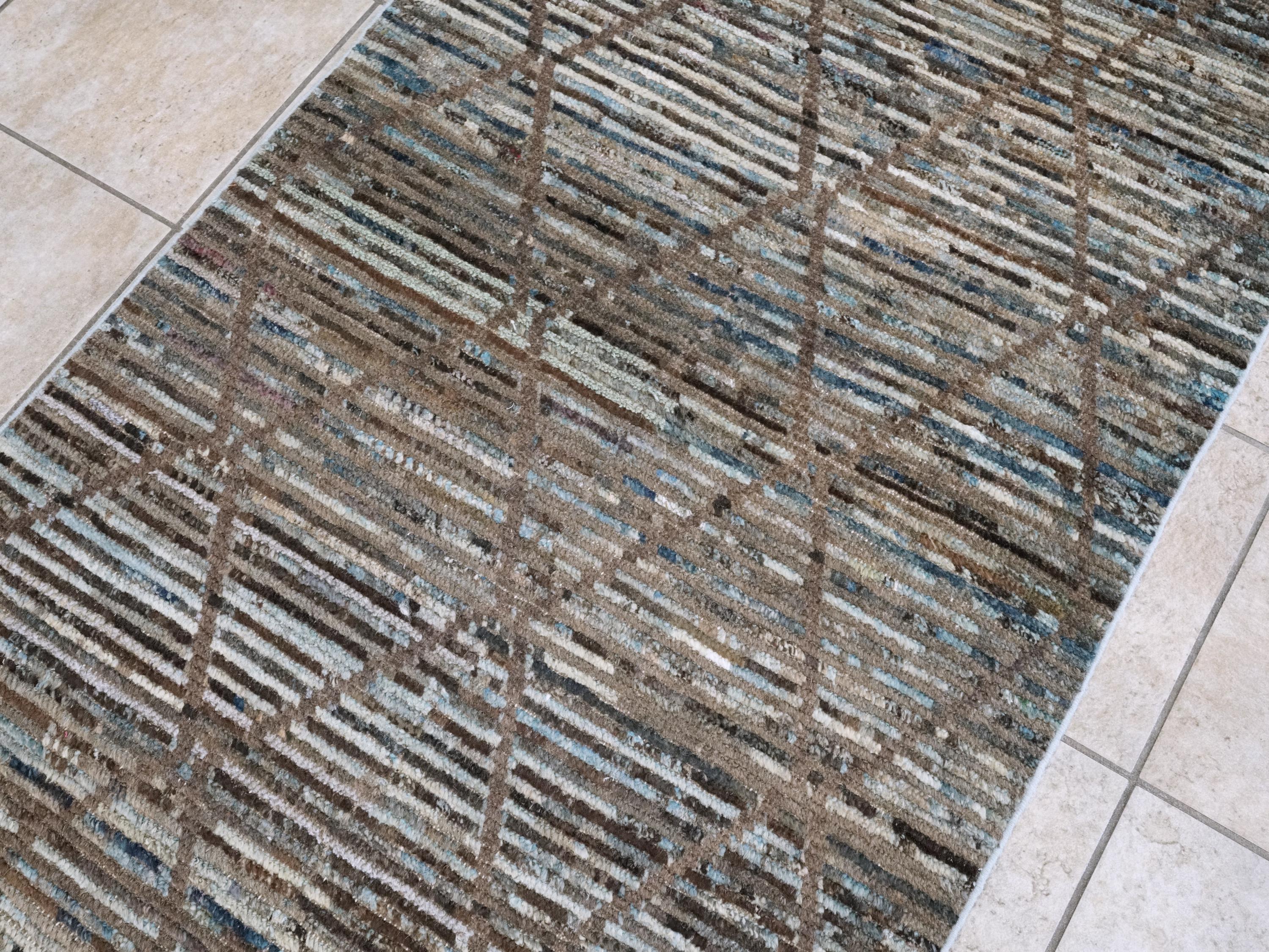 16 Ft Blue Moroccan Runner Rug - Afghan Handmade Hallway Rug - Contemporary Design