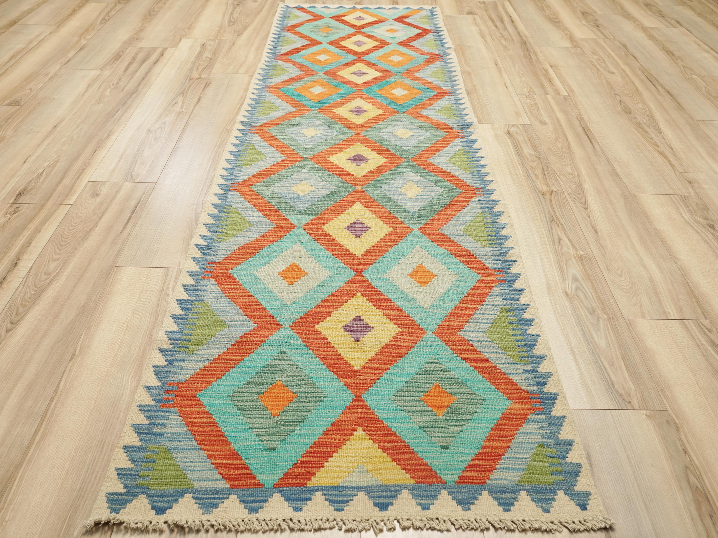 9 Ft Kilim Runner Rug - Green & Orange Traditional Afghan Rug
