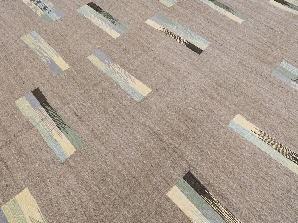8x10 Ft Brown & Green Kilim Rug - Flat Weave Area Rug
