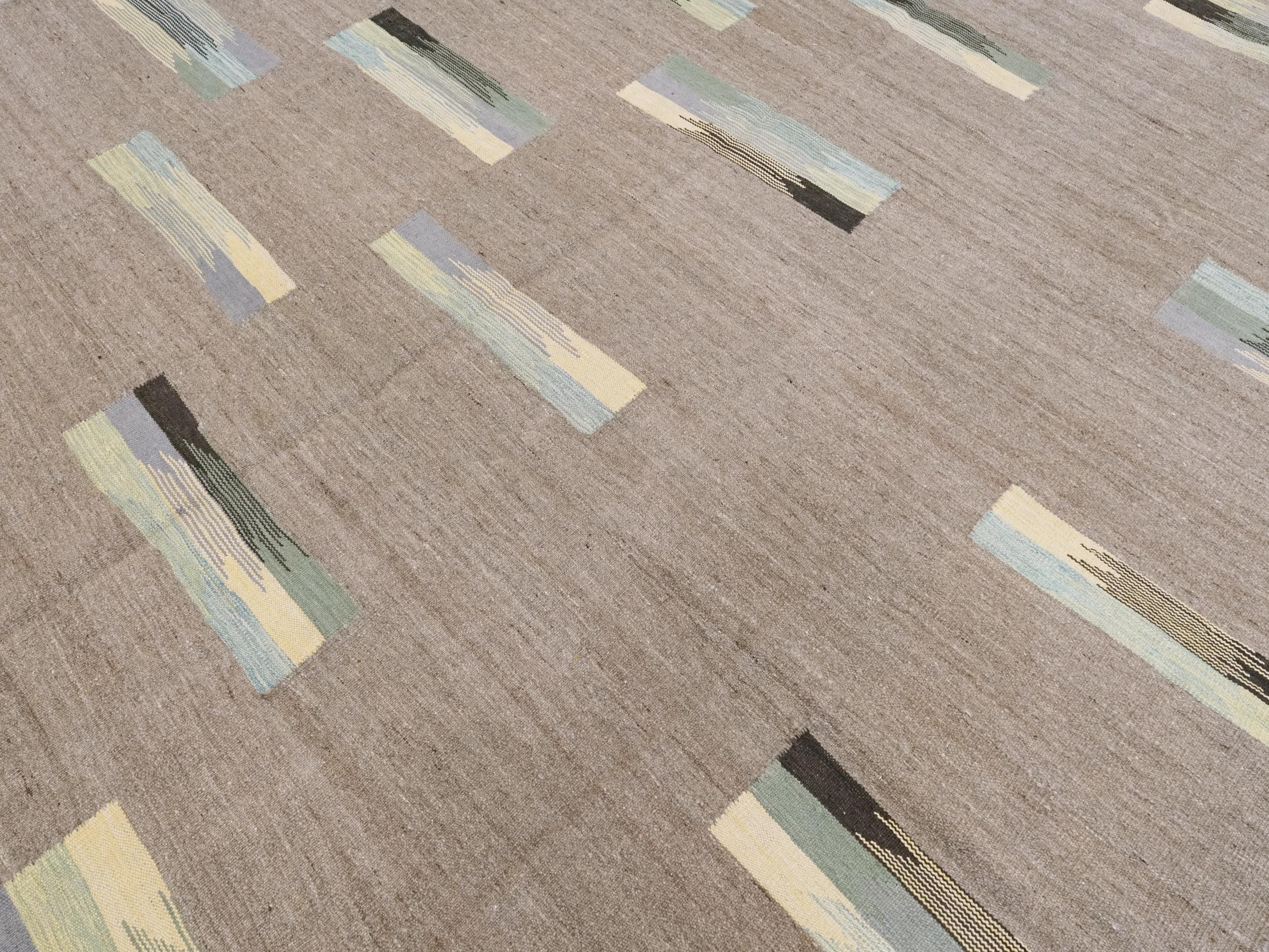 8x10 Ft Brown & Green Kilim Rug - Flat Weave Area Rug