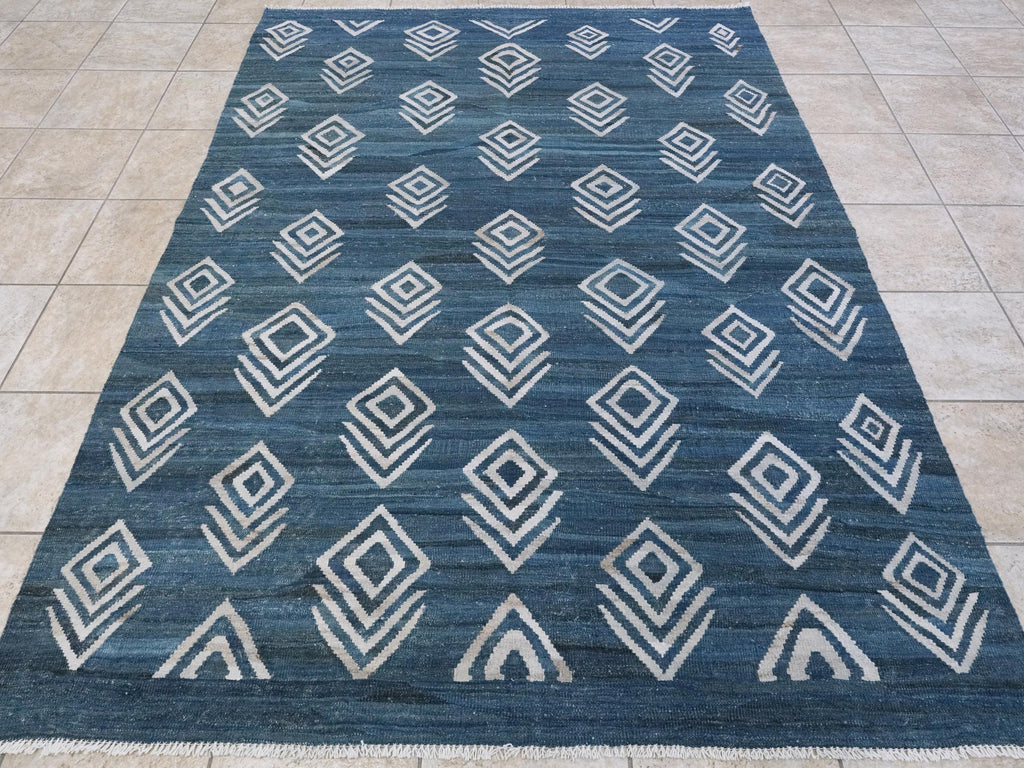 6x8 Ft Blue Kilim Rug - Flatweave Area Rug - Contemporary Design