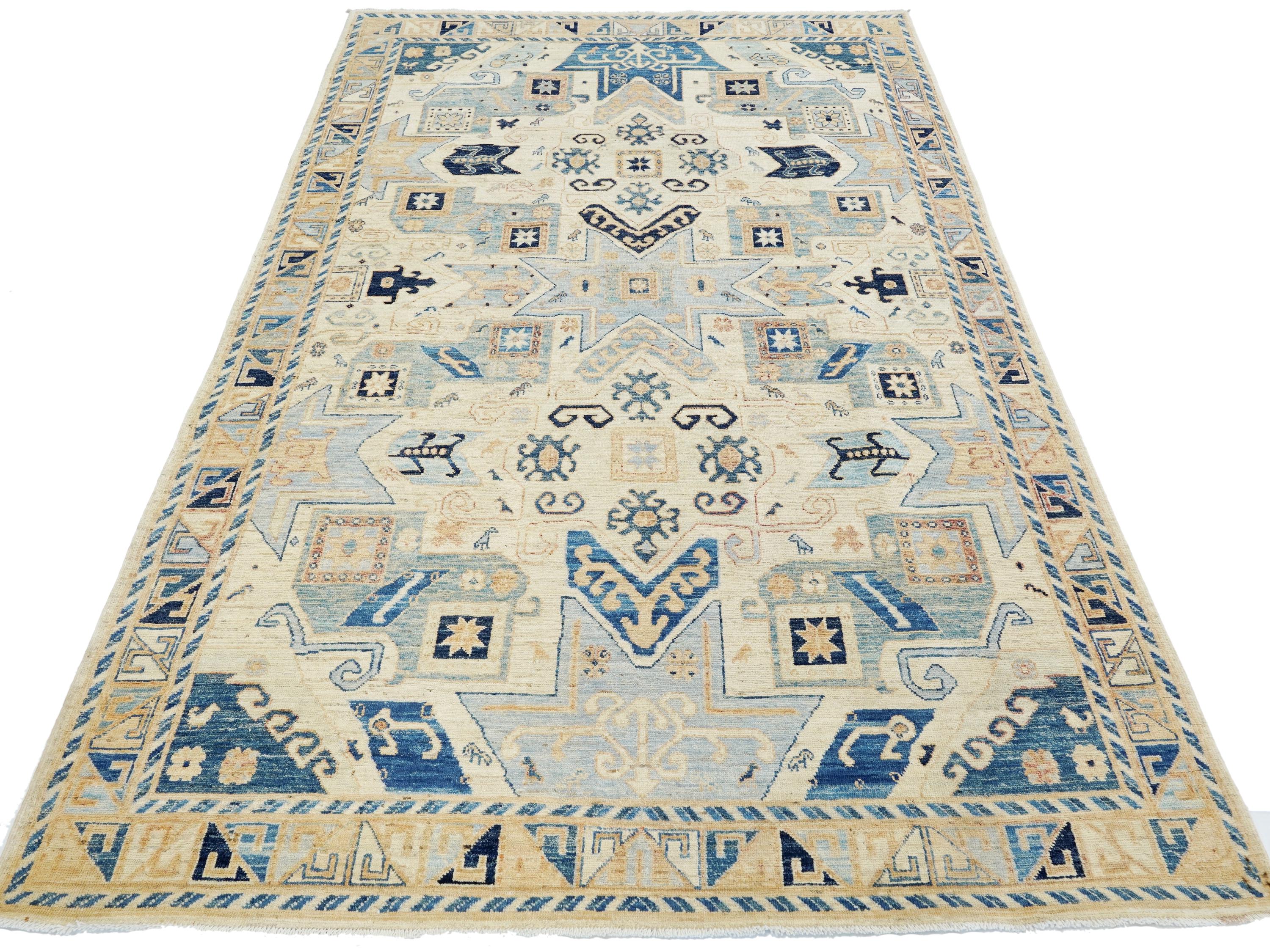 6x9 Ft Antique Heriz Rug - Beige & Blue Persian Rug