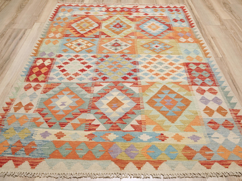 5x6 Ft Orange Kilim Rug - Afghan Flat Weave