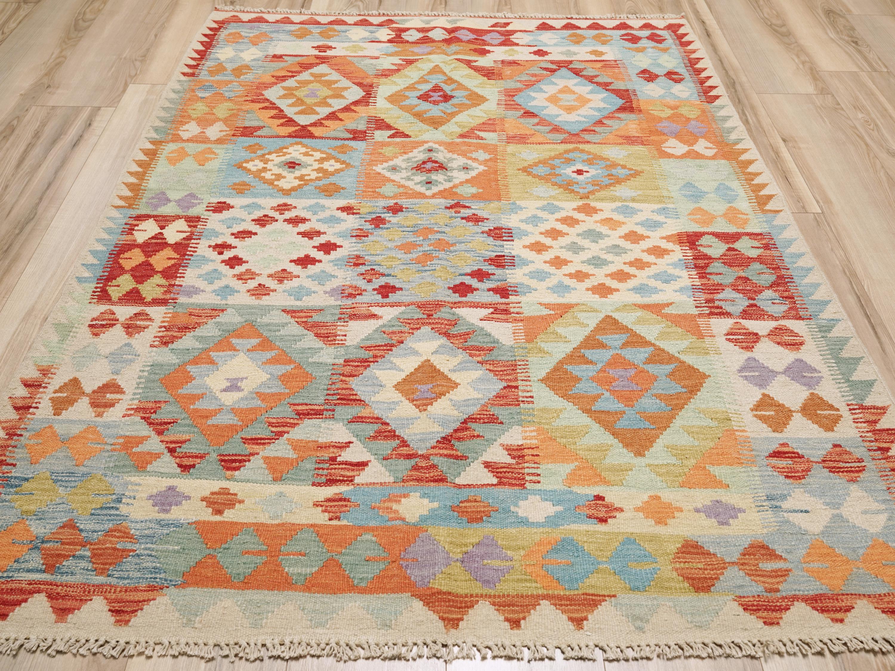 5x6 Ft Orange Kilim Rug - Afghan Flat Weave