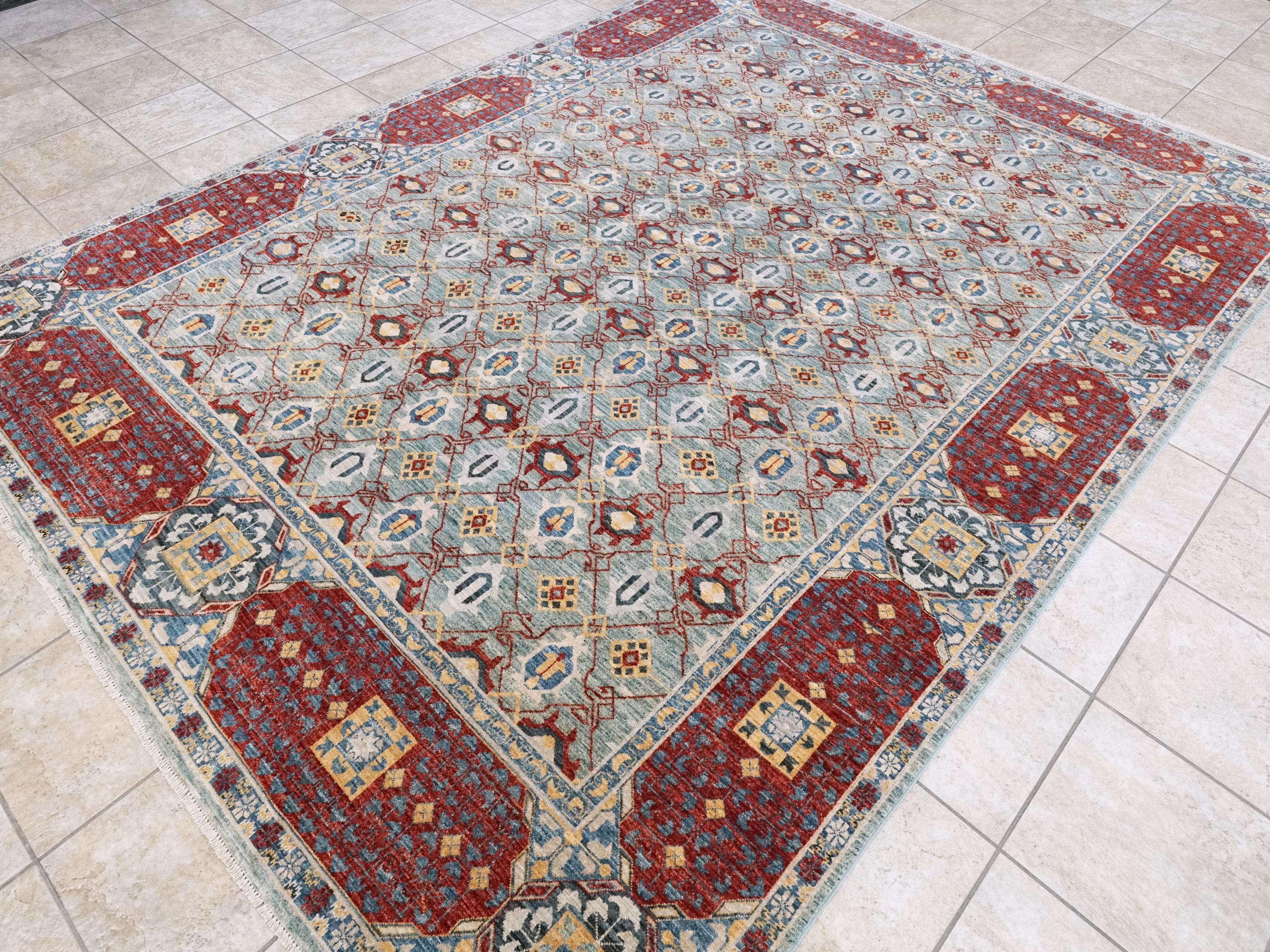 8x10 Ft Blue & Red Heriz Rug - Handmade Afghan Wool Rug - Traditional Persian Design
