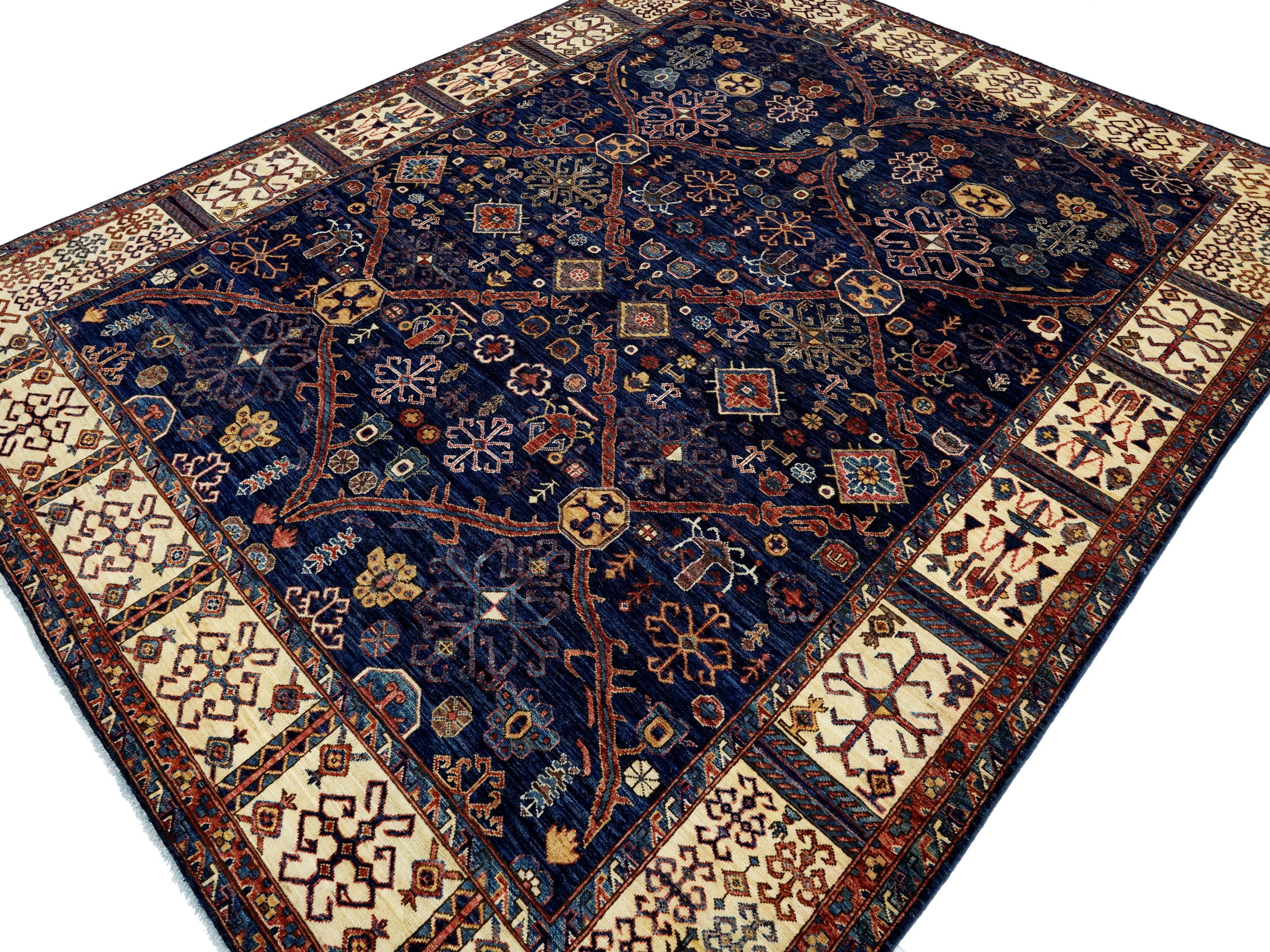 8x10 Ft Blue & Beige Heriz Rug - Hand Knotted Oriental Wool Rug