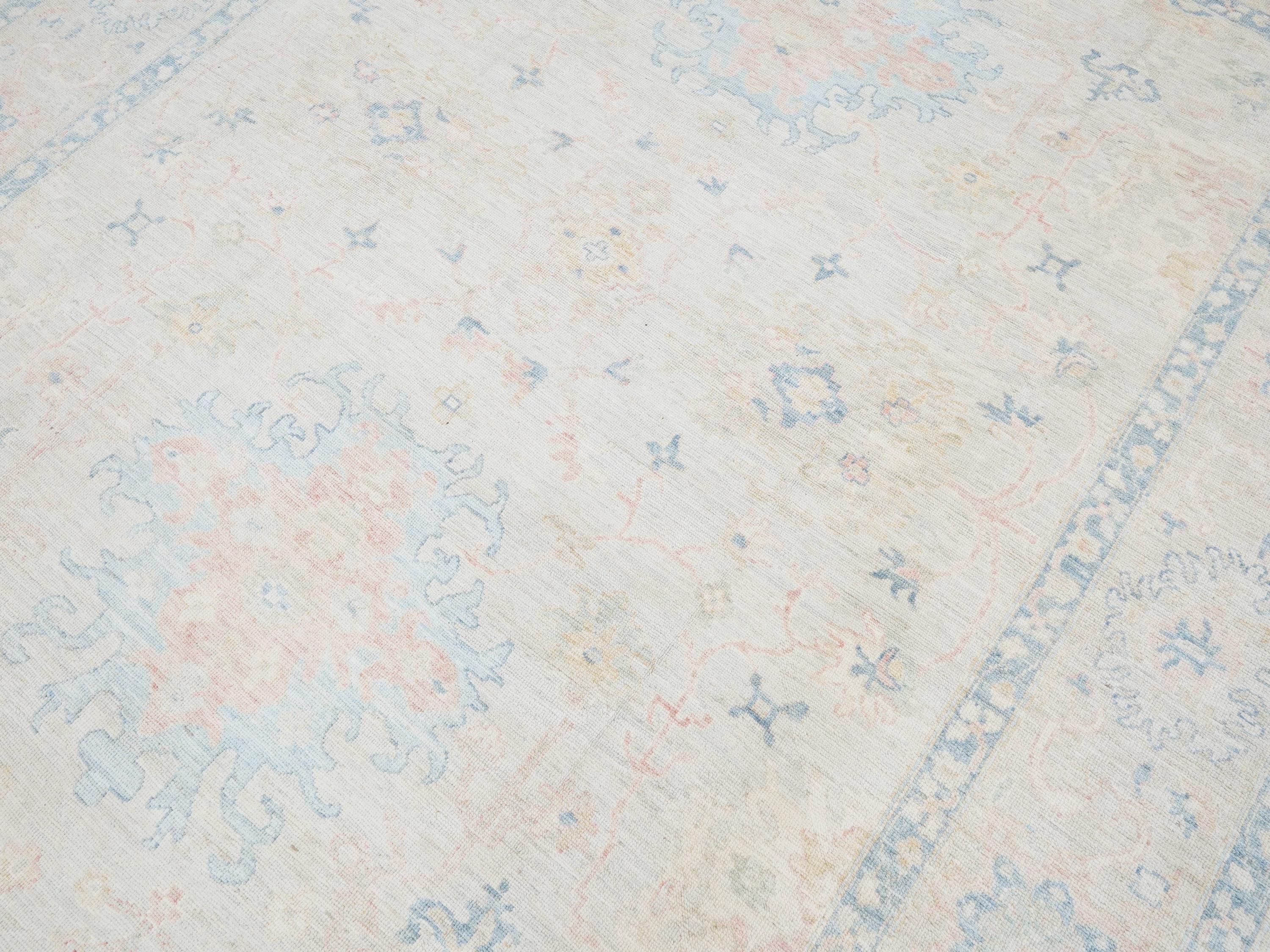 9x12 Ft White Pastel Oushak Rug - Handmade Area Rug - Floral Design