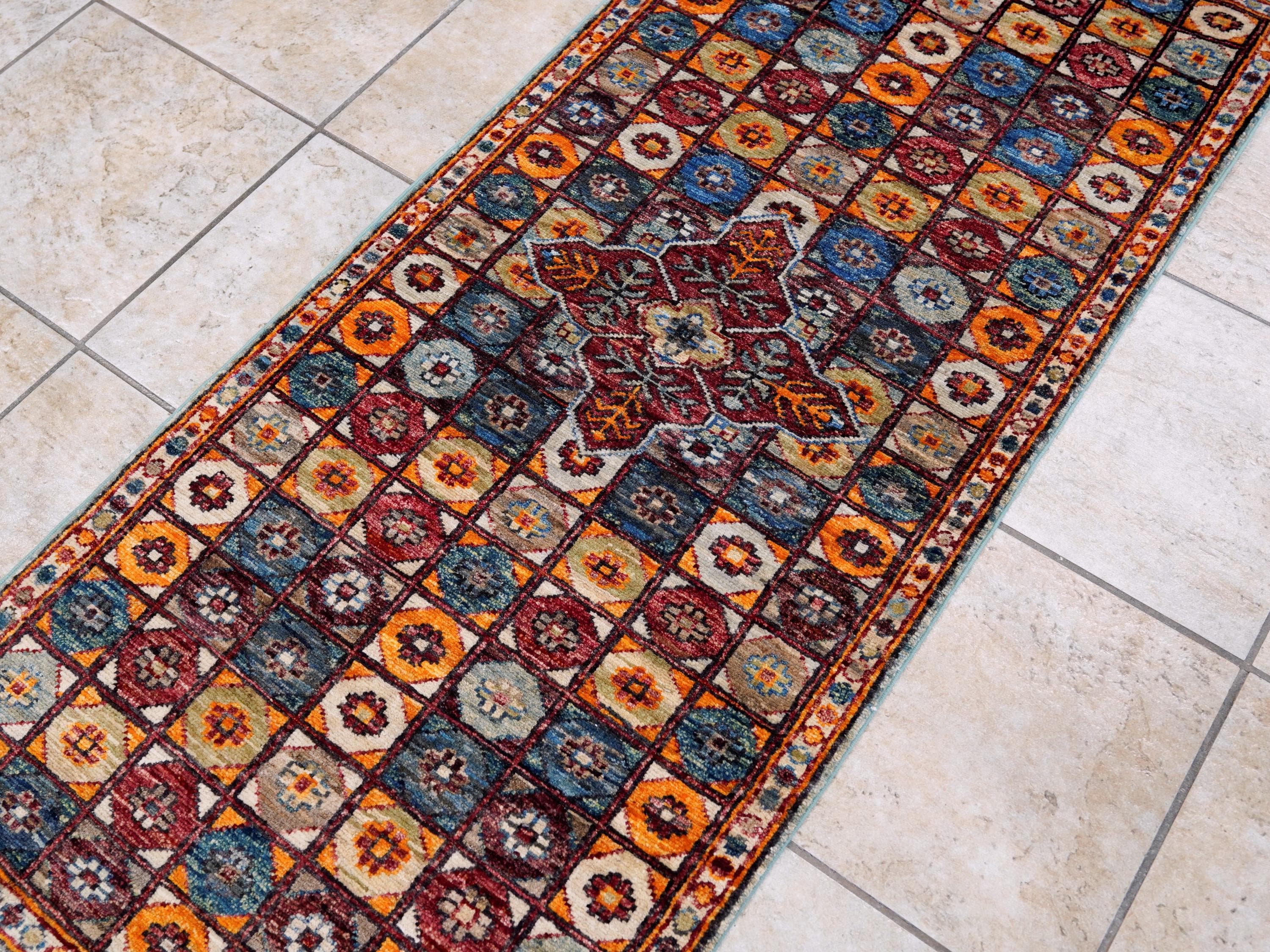 2x5 Ft Blue & Orange Heriz Rug - Hand Knotted Small Runner
