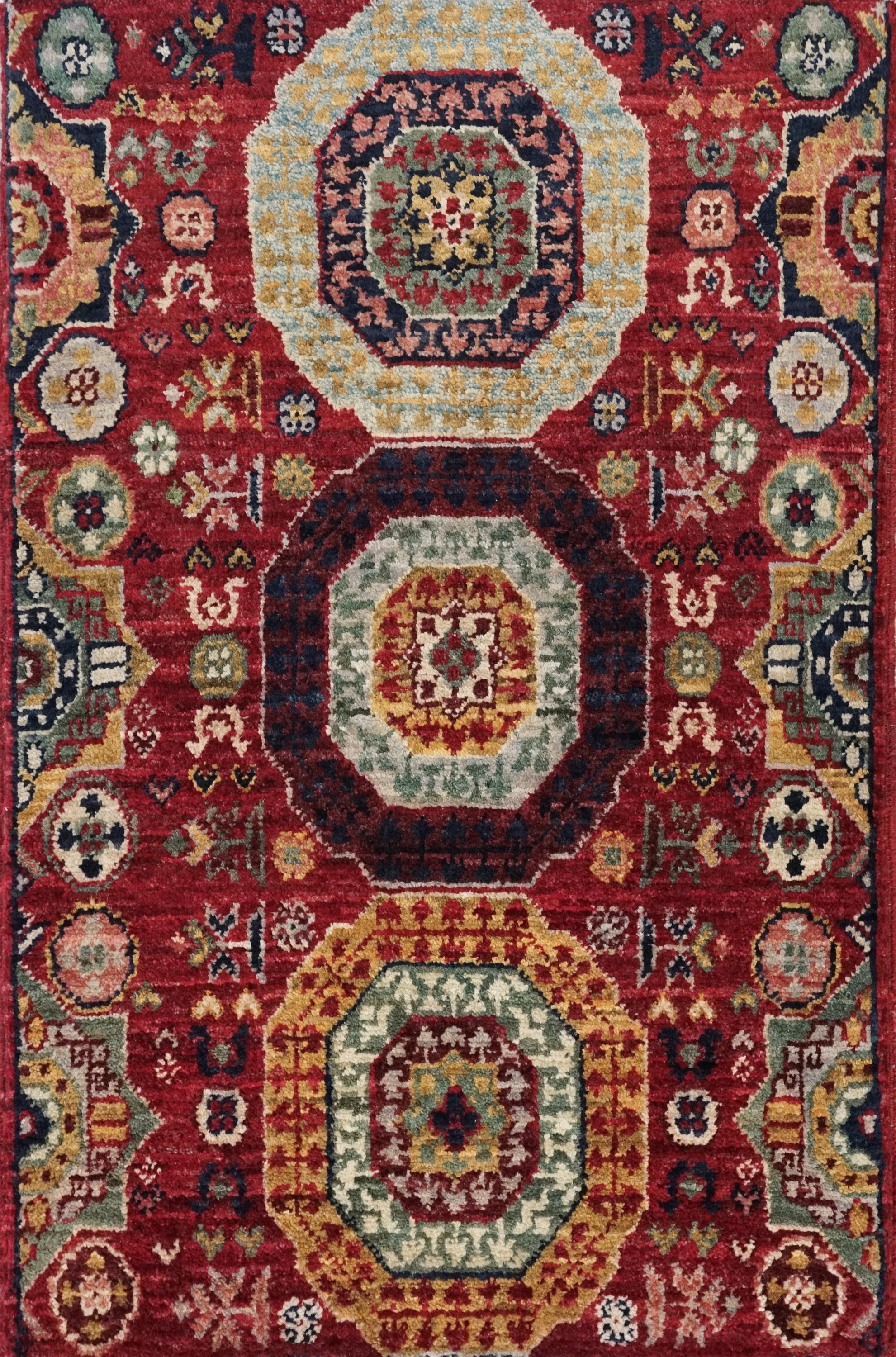 2x3 Ft Hand Knotted Red Mamluk Rug - Ghazni Wool Oriental Rug